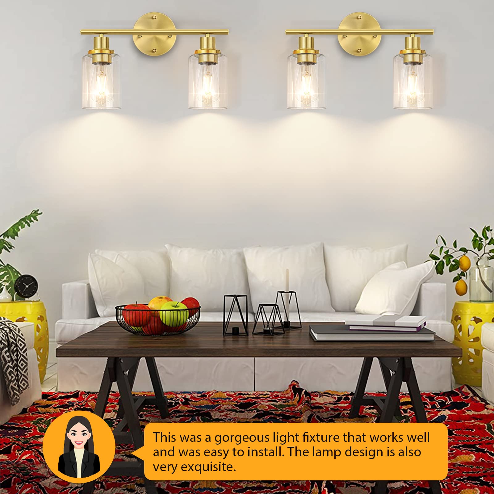 Folksmate Bathroom Light Fixtures, 2-Light Brushed Brass Vanity Light, Gold Wall Sconces Lighting, Modern Bath Wall Mounted Ligh