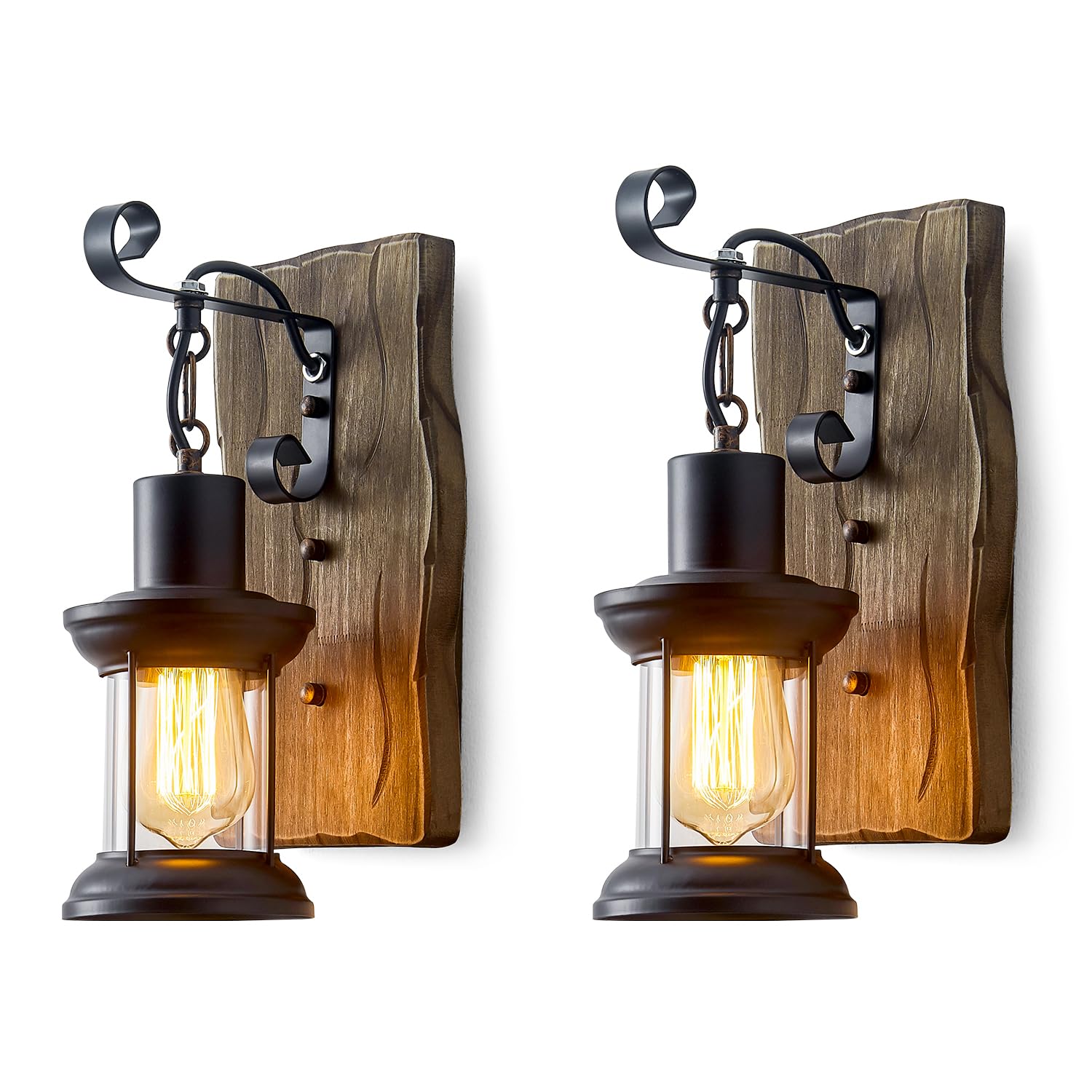 Rustic Industrial Wall Sconces, Black Metal Lantern with Wood Backplate, Farmhouse Indoor Light Fixture for Dining Room, Hallway