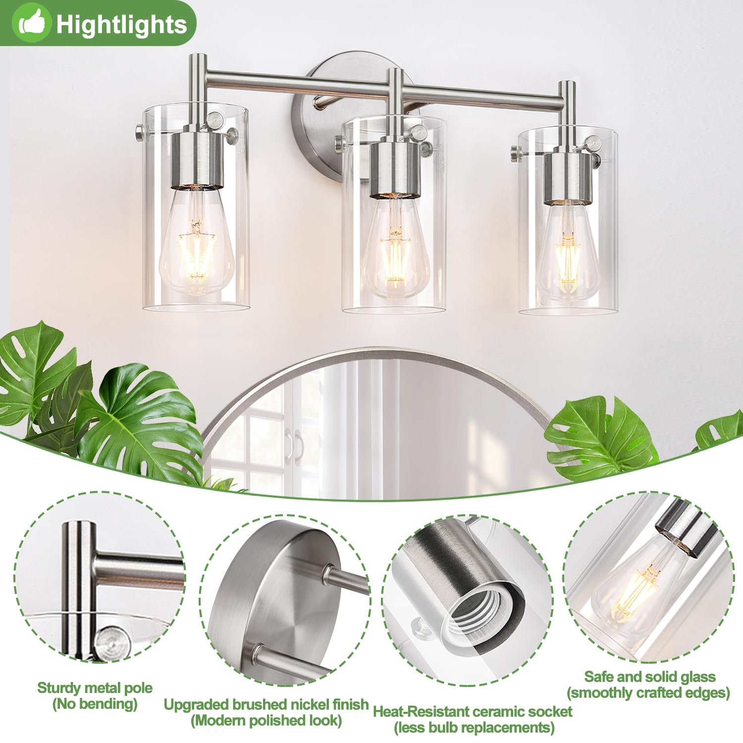 Indoi 3-Light Brushed Nickel Bathroom Vanity Light Fixture, Clear Glass Shade, Model W0468