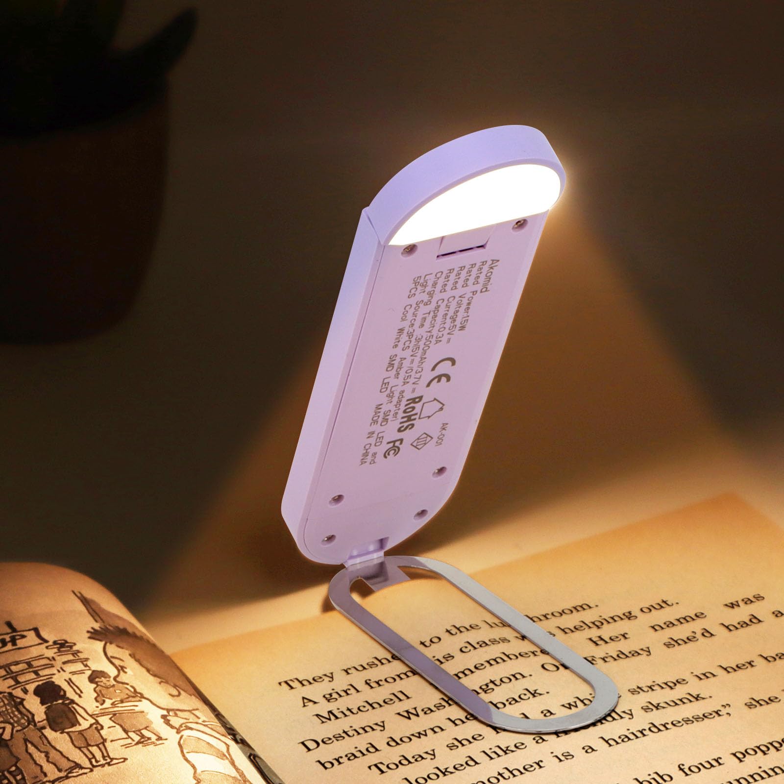 Akomid USB Rechargeable Amber Book Light, 8 LEDs, Stepless Dimming, Purple, Model Ak-001