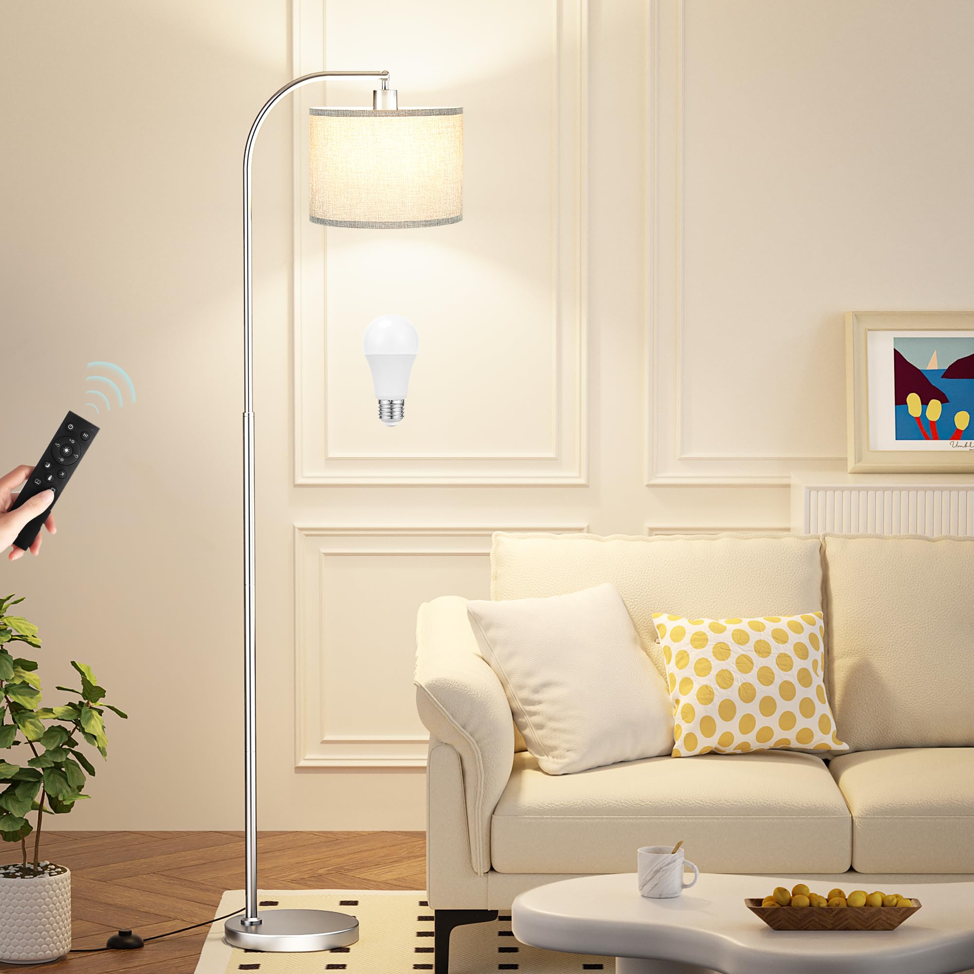 Ambimall Arc Floor Lamp with Remote and Stepless Dimmable Bulb, Colors Temperature & Brightness Adjustable, Silver Floor Lamps f