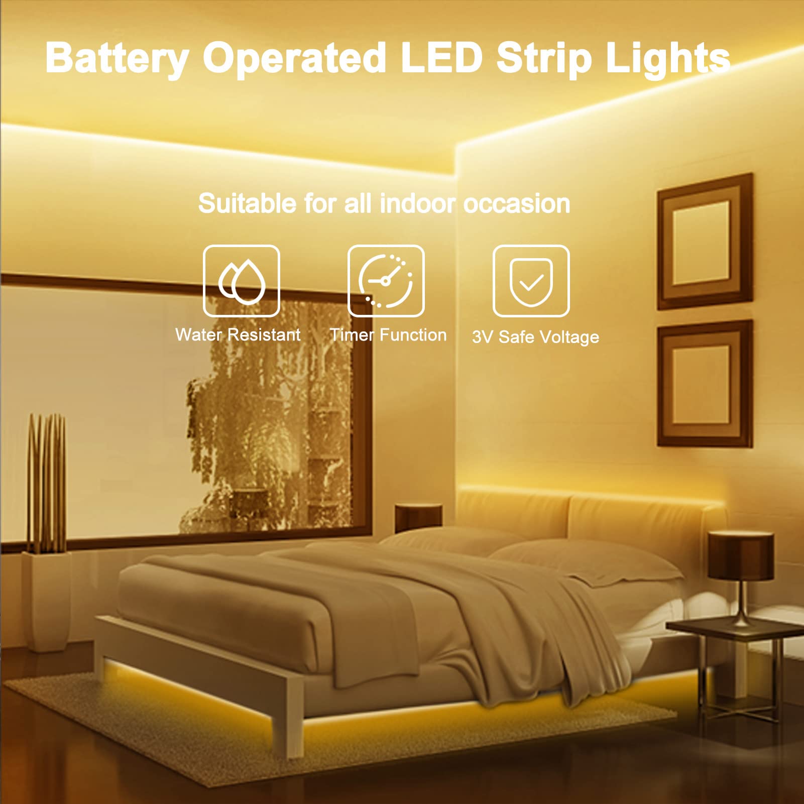 Smart Direct LED Strip Lights, 9.8 Ft, 90 LED, Battery Operated, Waterproof, Dimmable, Warm White