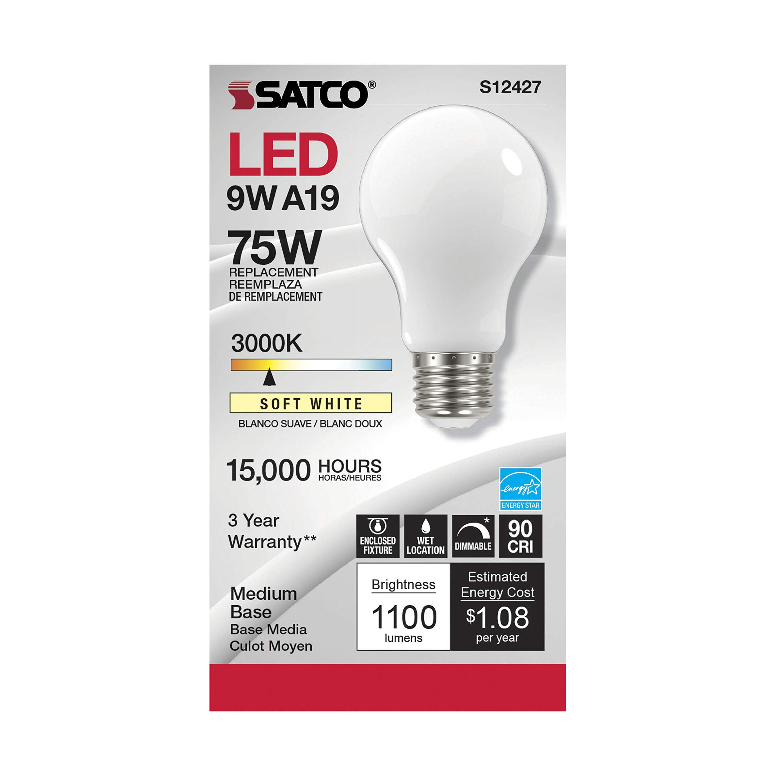 Satco Dimmable LED Filament Lamps, 11W, A19, Warm White 3000K, Model S12427, 6 Pack