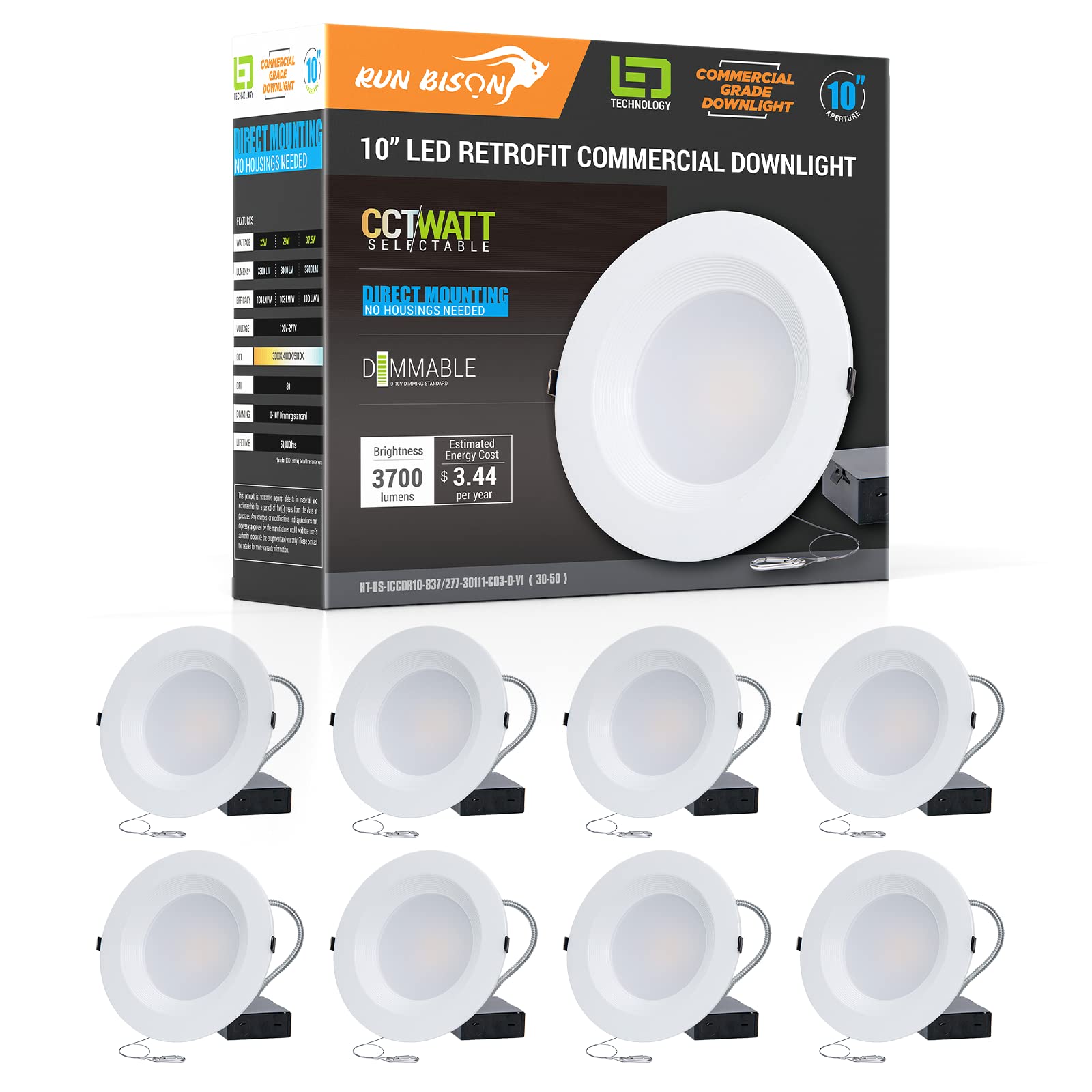 Run Bison 10 Inch Recessed LED Commercial Downlight with J-Box, Wattage Adjustable 22/29/37.5W,3 Color Selectable 3000K-5000K, 1