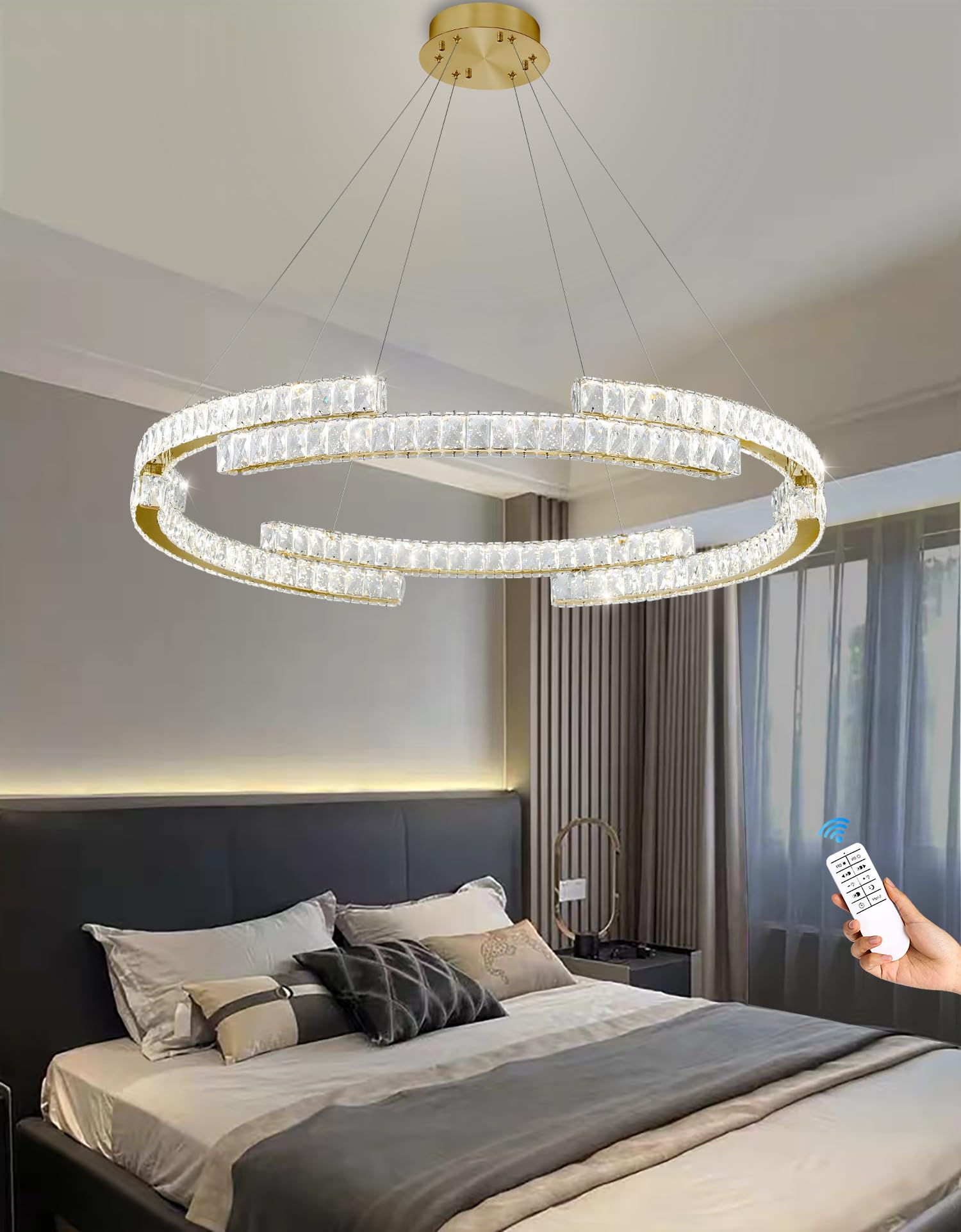 IDEQUY 40in Gold Crystal Ring Chandelier, Dimmable 3000K-6000K, Stainless Steel, Model CF8014-100J