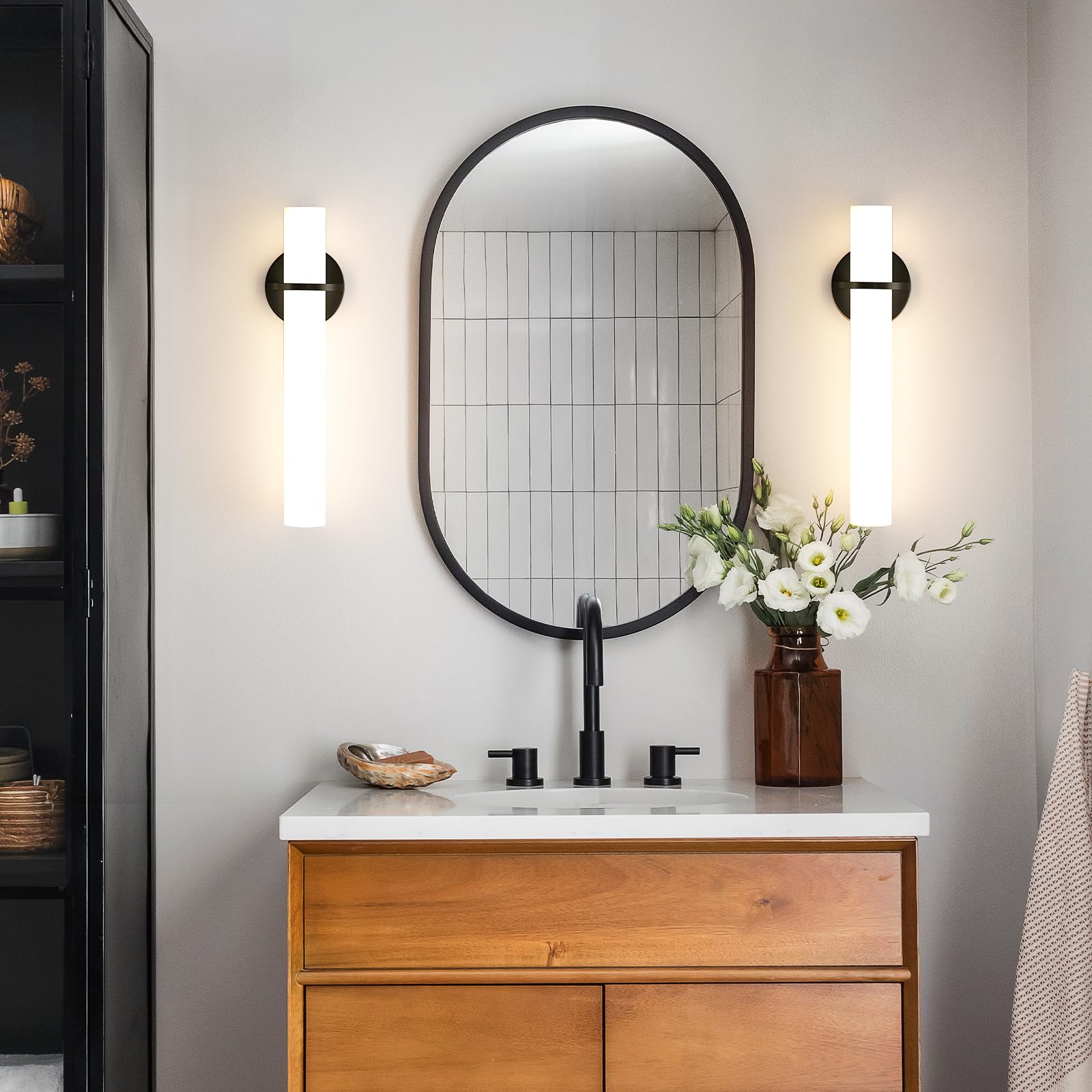 AIJIASI Black LED Dimmable Wall Sconces, 18W Acrylic Shade, Set of 2, Modern Indoor Lighting for Bathroom, Bedroom, Living Room, Hallway