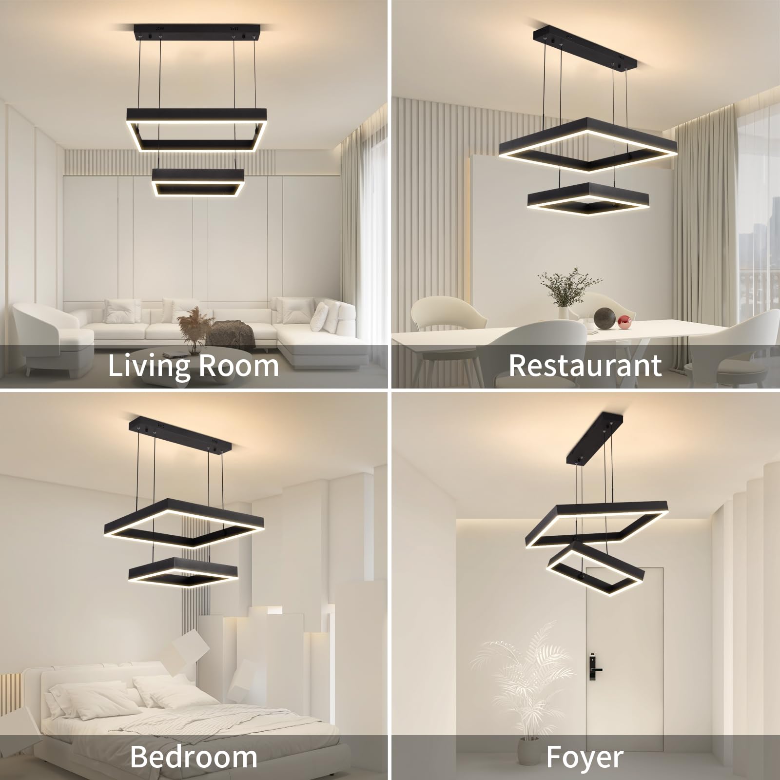Behsig Modern Led Chandelier,2 Ring Rectangle Chandelier For Dining Room,Dimmable Black Modern Chandelier High Ceiling Hanging L