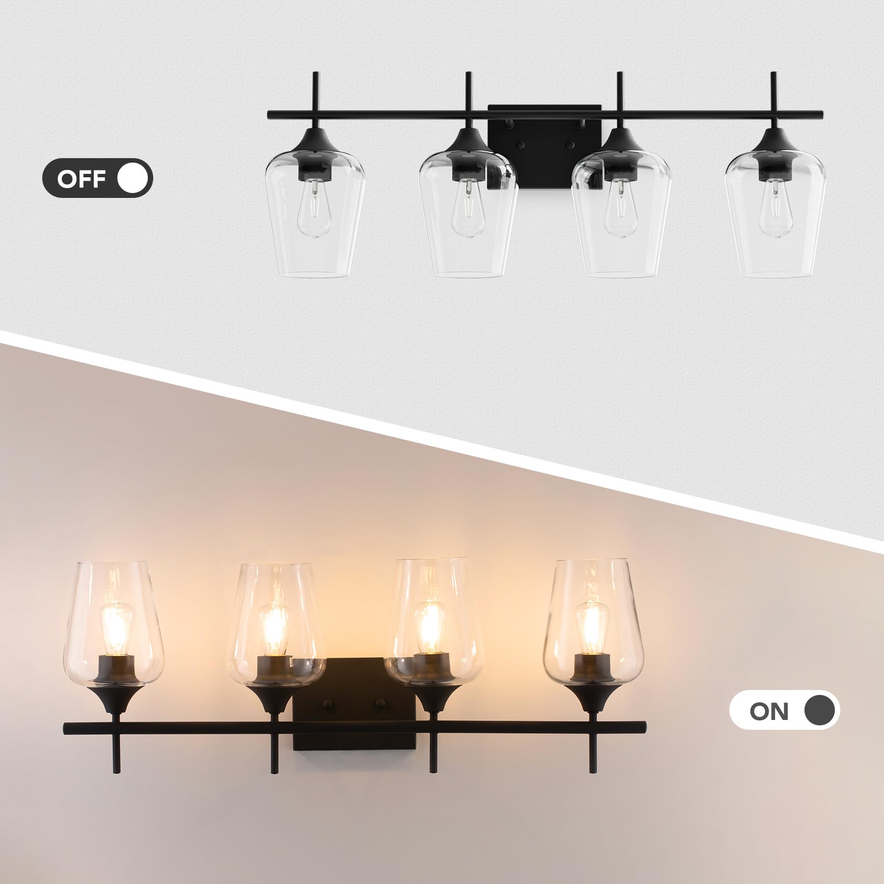VONLUCE 4-Light Bathroom Vanity Light Fixture, Matte Black, Clear Glass, Model COZHCF280400NI