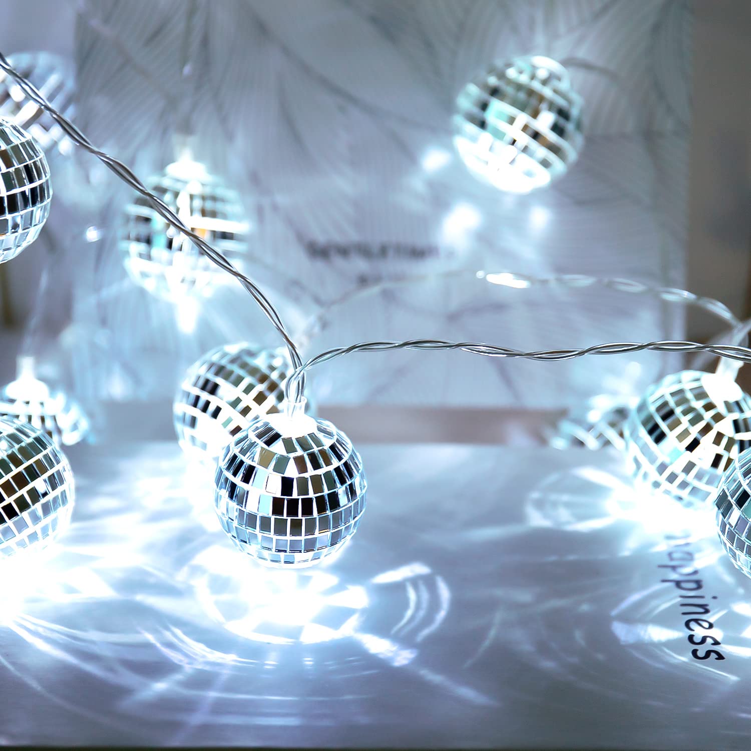 AceList Disco Ball String Lights - 20 LED, Battery Powered & USB, 9.8Ft, Silver, Model GZ-LT301BW-20-FBA1