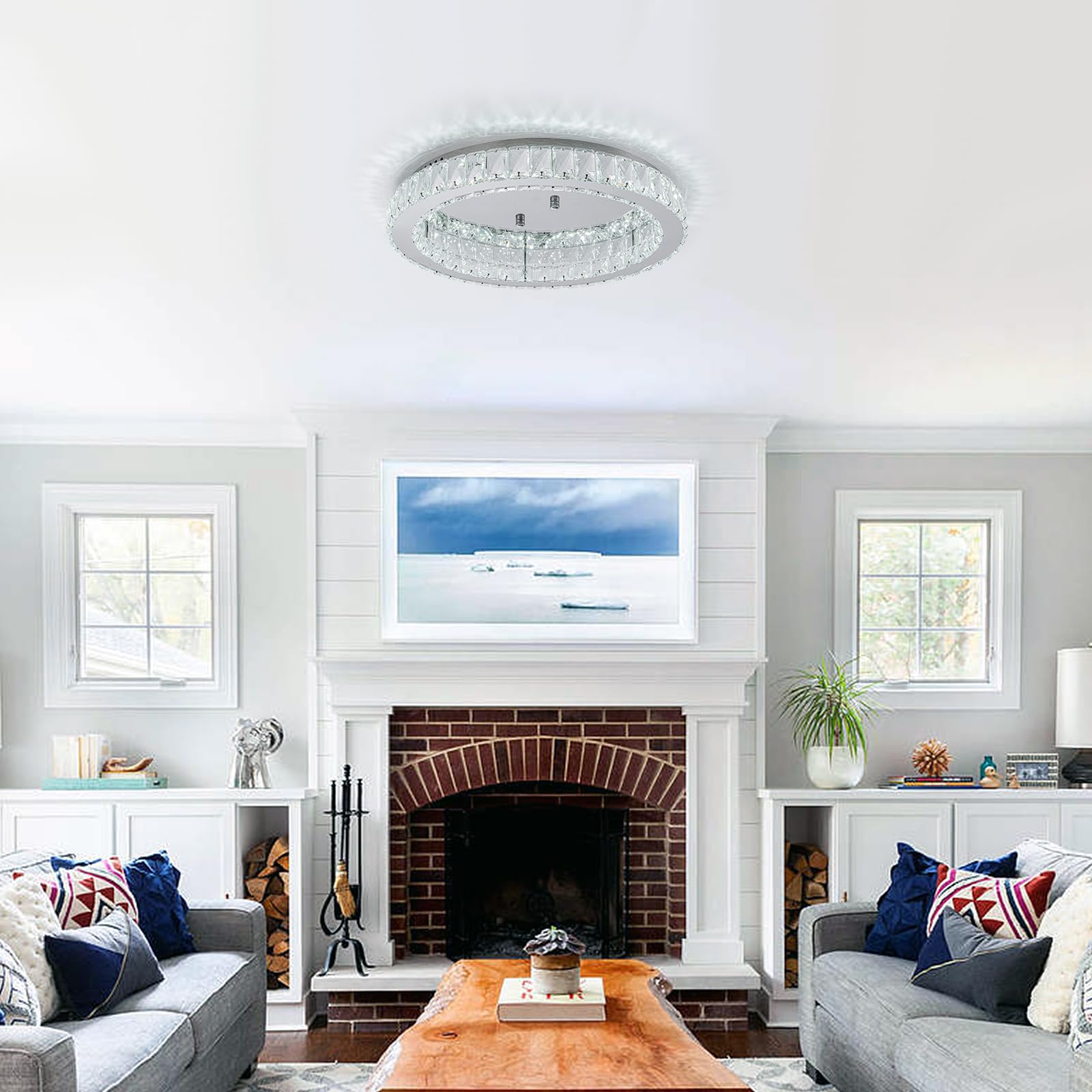 HOPGGIE Crystal Chandelier Light, 18in Round Flush Mount Ceiling Fixture, Cool White, Model HJ-450da-1, for Living Room, Bedroom, Dining Room