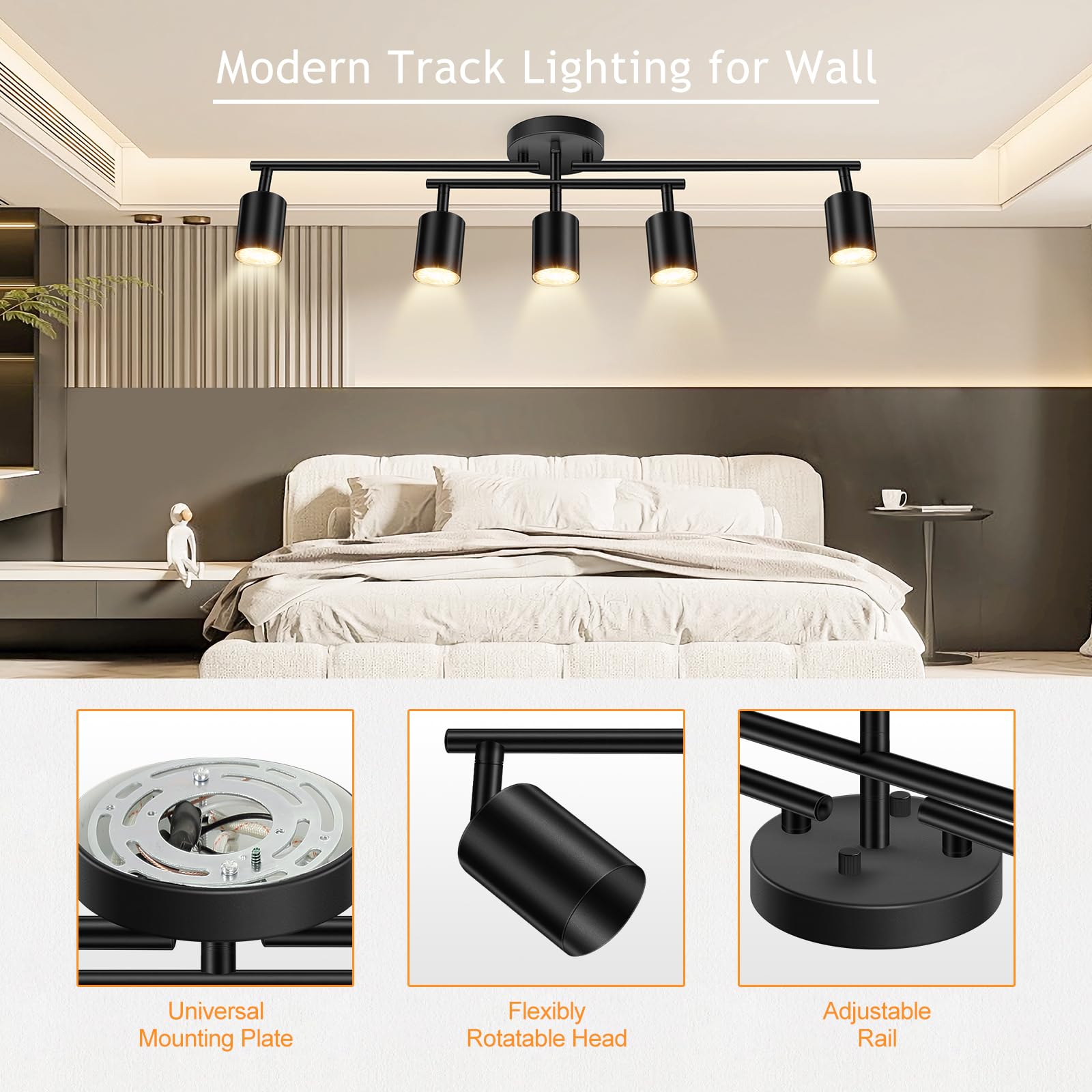 Boostarea 5 Light Track Lighting Kit, Black 5 Way Ceiling Spot Lighting, Center Swivel Track Light Heads, Flexibly Rotatable Lig