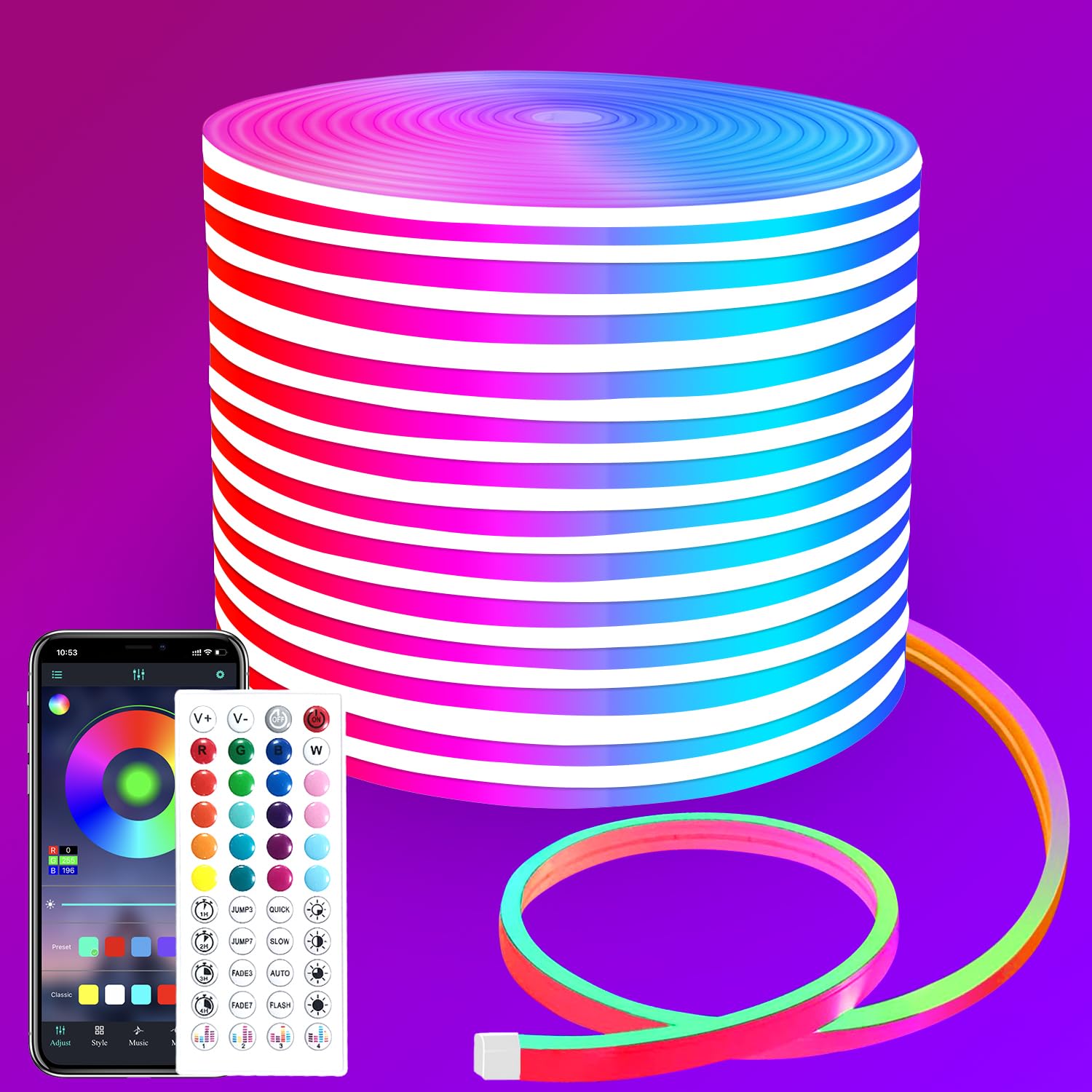 segrass LED Neon Rope Lights 50FT RGB Waterproof Flexible Strip with Remote Control, Model segrass-ledNHRGB15m