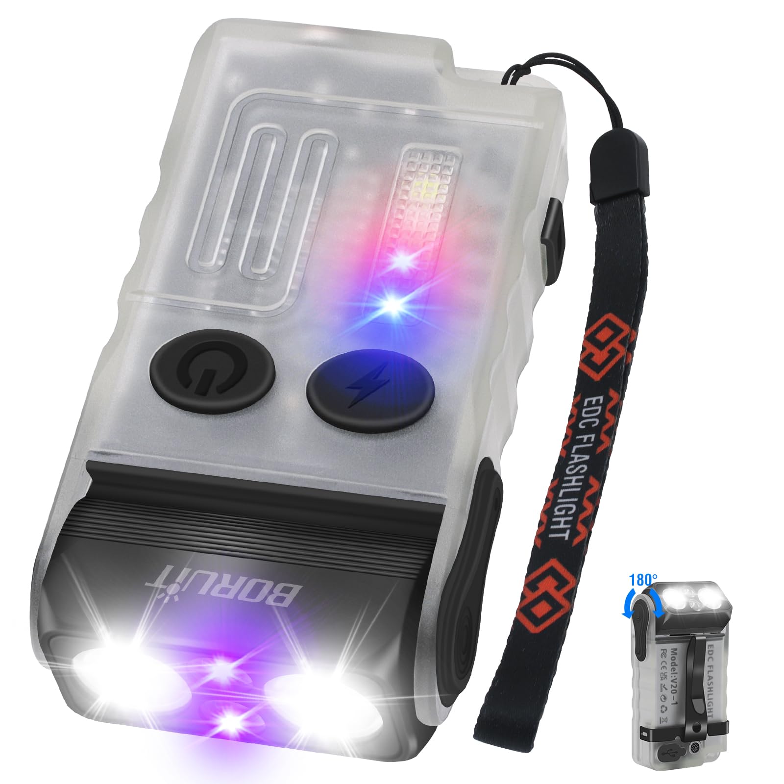 BORUiT V20 EDC Flashlight, 1000 LM, USB C Rechargeable, 365nm UV Light, 180° Swivel Head, IP67, White, Aluminum, Mini