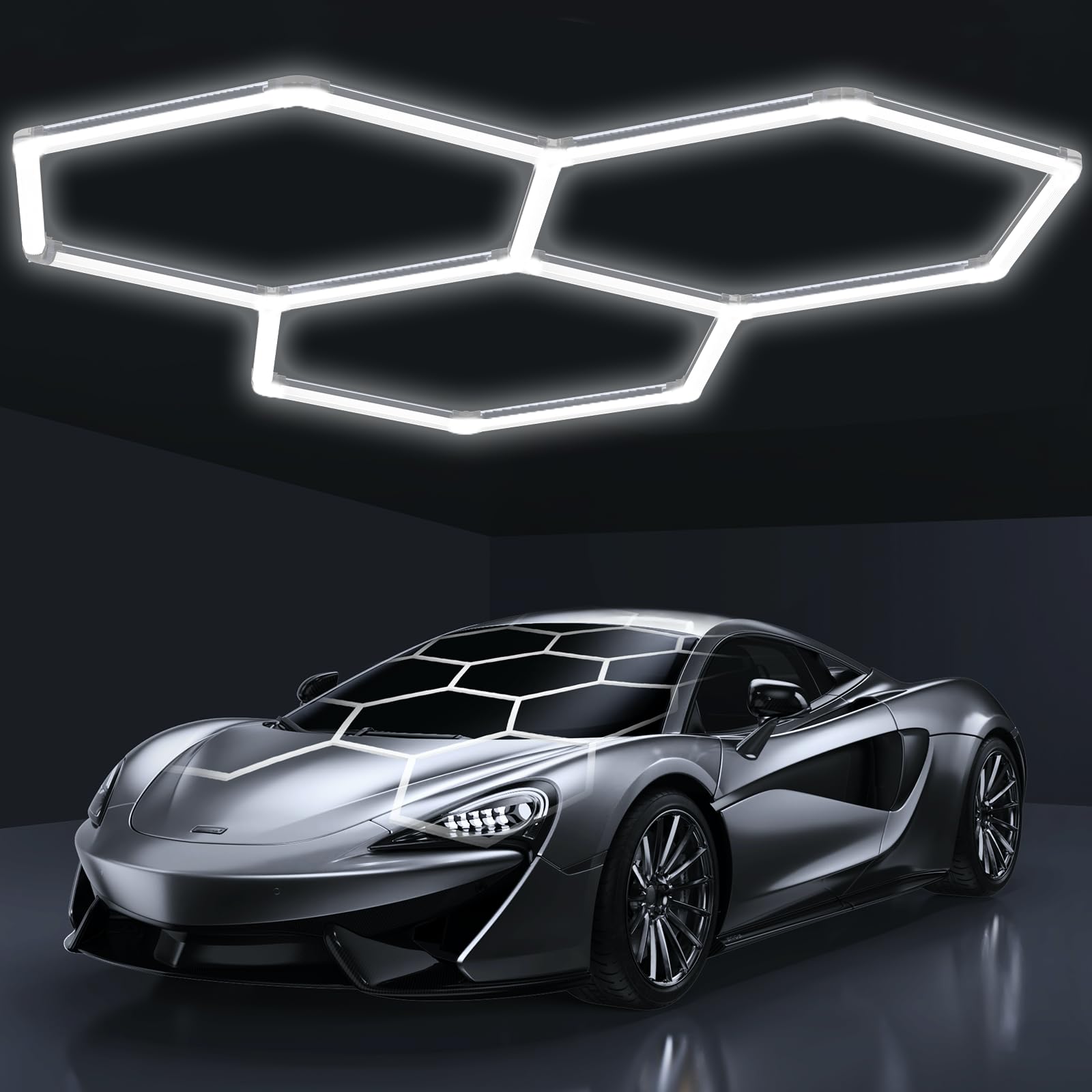 HYPERLITE Gen 2 Hexagon LED Garage Light, 105W 10500LM, 3-Level Dimmable, 3 Hex, White, Model AC3HEX-DM