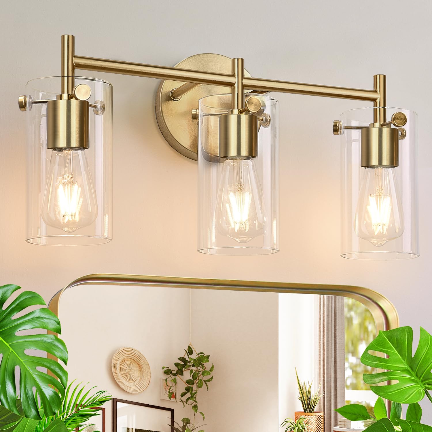 Bathroom Light Fixtures 2023 Upgrade, 3-Light Brushed Gold Bathroom Vanity Light, Gold Bathroom Lights Over Mirror With Clear Gl