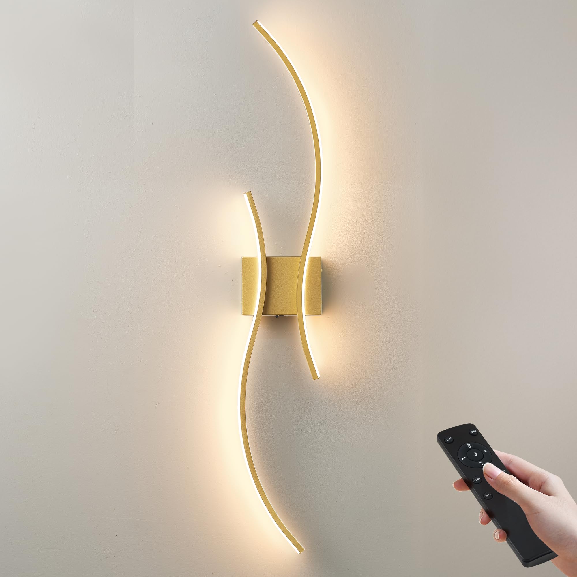 KARTOOSH Battery Operated Wall Sconce with Remote, LED Gold Light, 39.3 Inch, Stepless Colors 3000K-6000K, Model ZM319BGD