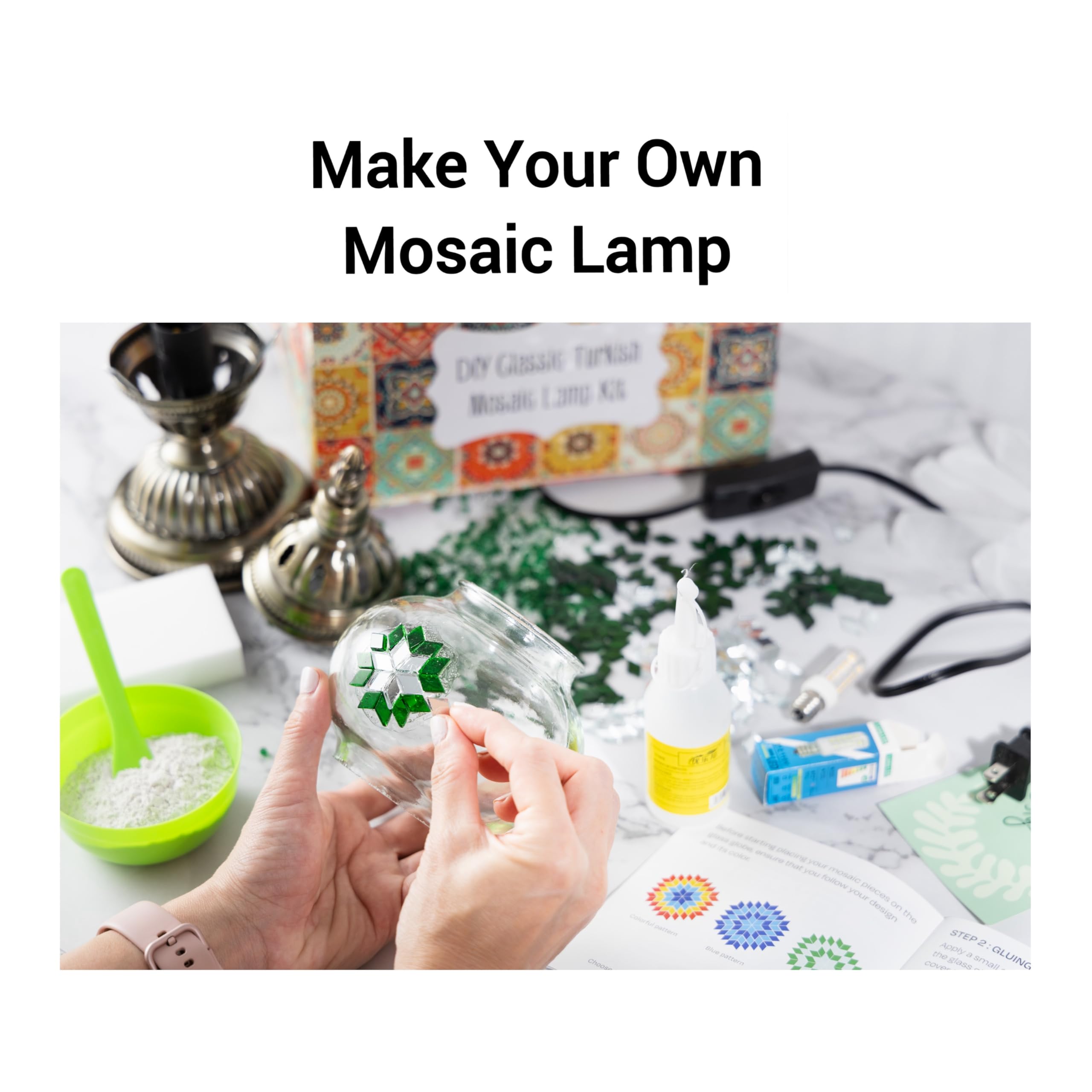 KRAFTSTORIES Turkish Mosaic Lamp Kit - DIY Glass Night Light, Antique Bronze Base, Green, Model TR-LAMP