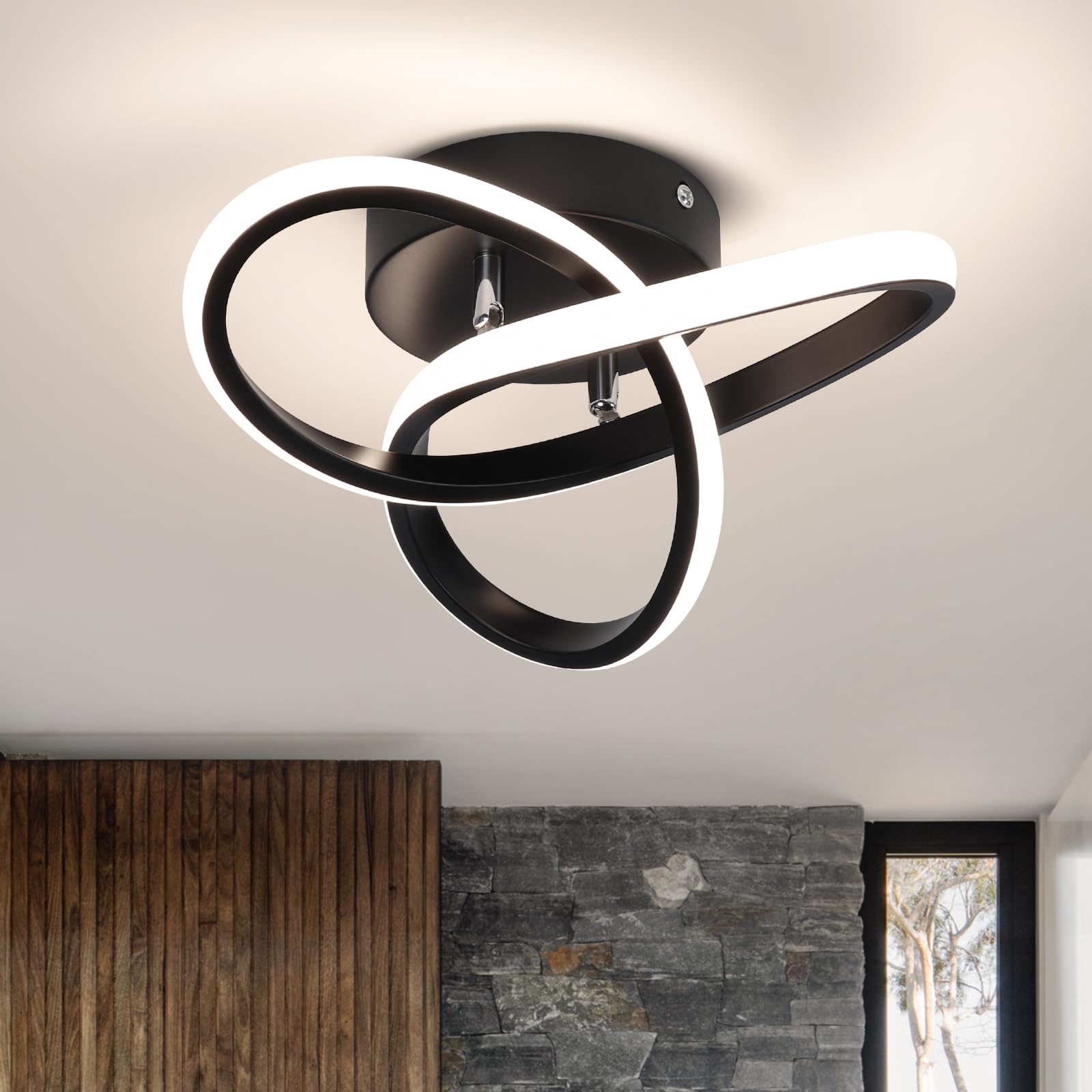 CANEOE Modern LED Ceiling Light Fixture - Black, 4500K Daylight White, Semi Flush Mount, Curved Design for Hallway, Bedroom, Kitchen
