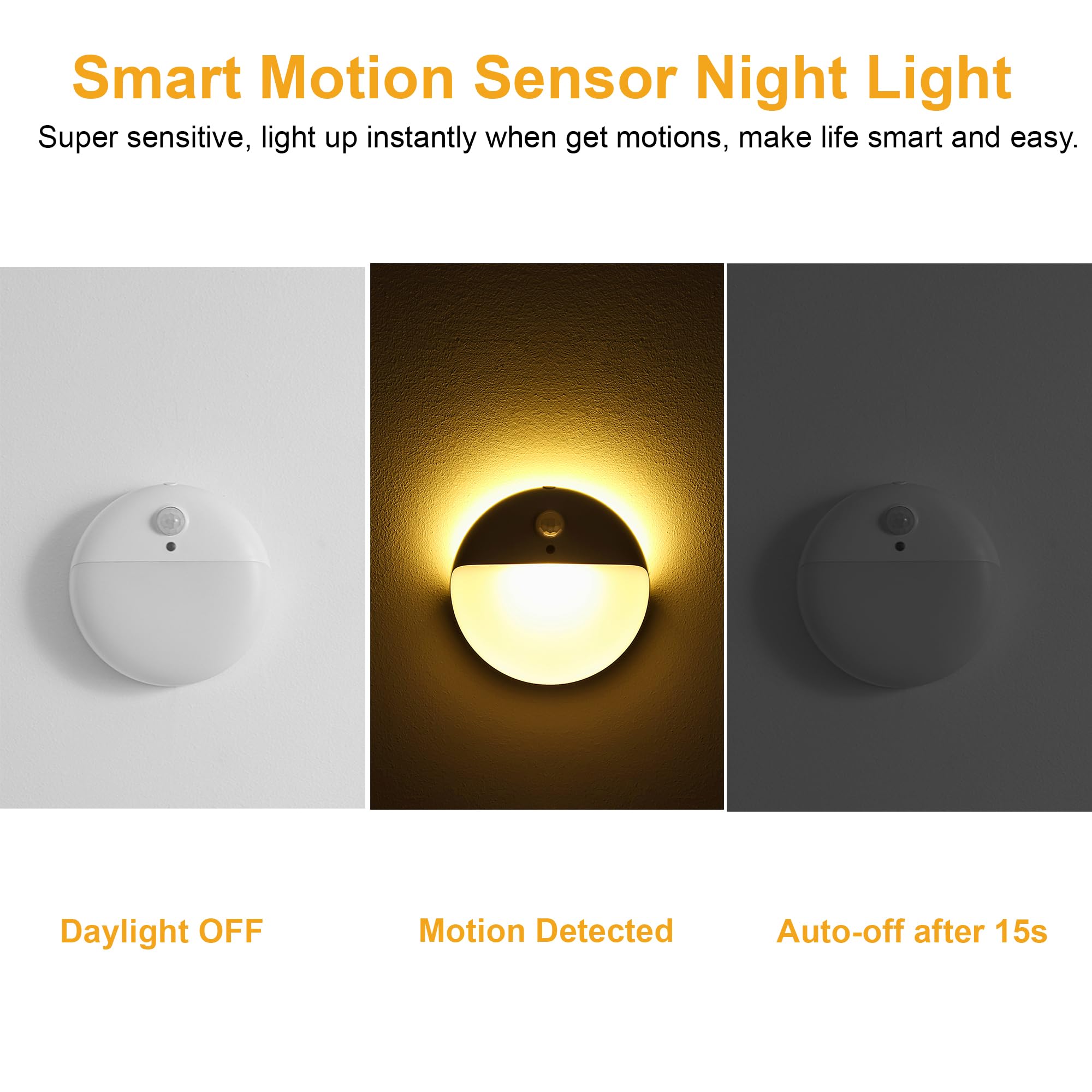 Yunlex 2 Pack Motion Sensor Night Light, Gold Yellow, 3 Lighting Modes, Stepless Dimming, Battery-Powered, Dimmable Led, Suitabl