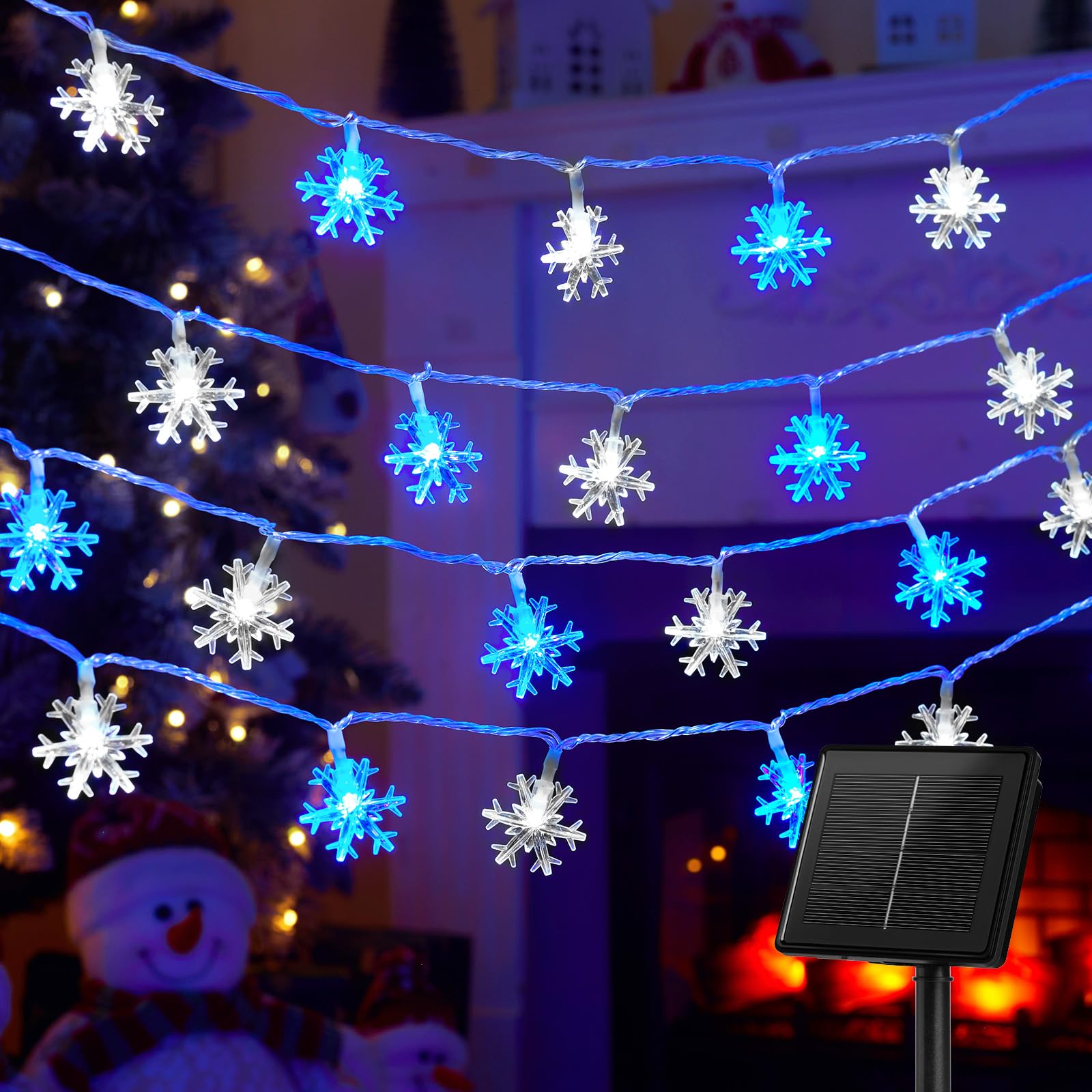 Brightown Solar Christmas Snowflake String Lights, 200 LED, 72FT, Waterproof, 8 Lighting Modes, Blue & Pure White, Model SOLAR-SNOWFLAKE-200LED-BPW