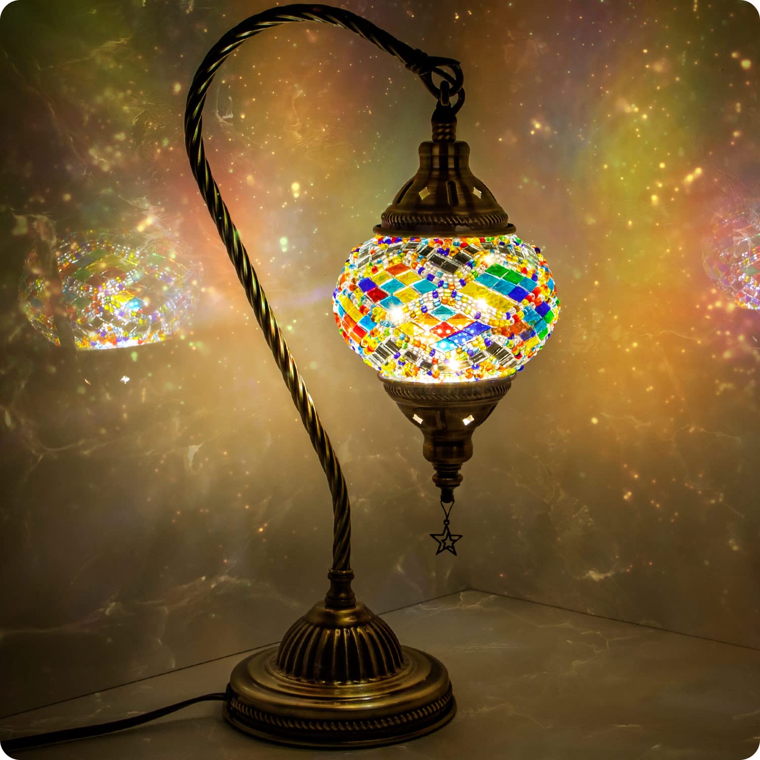 Yarra-Decor Turkish Moroccan Lamp with Bronze Base 3-Way Color Changing Handmade Swan Neck Tiffany Mosaic Glass Bedside Lamps fo