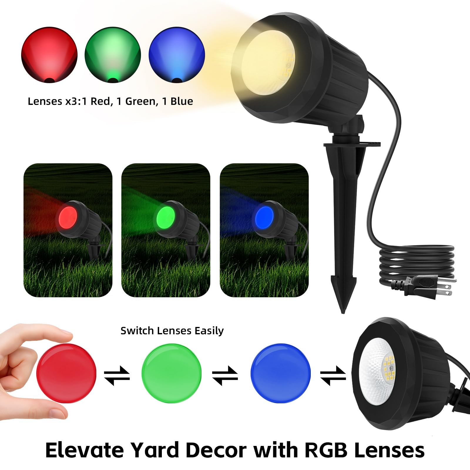 Holeva LED Landscape Spot Lights, 2700K Warm White, IP67 Waterproof, 120V Plug-in, Black, 1 Pack