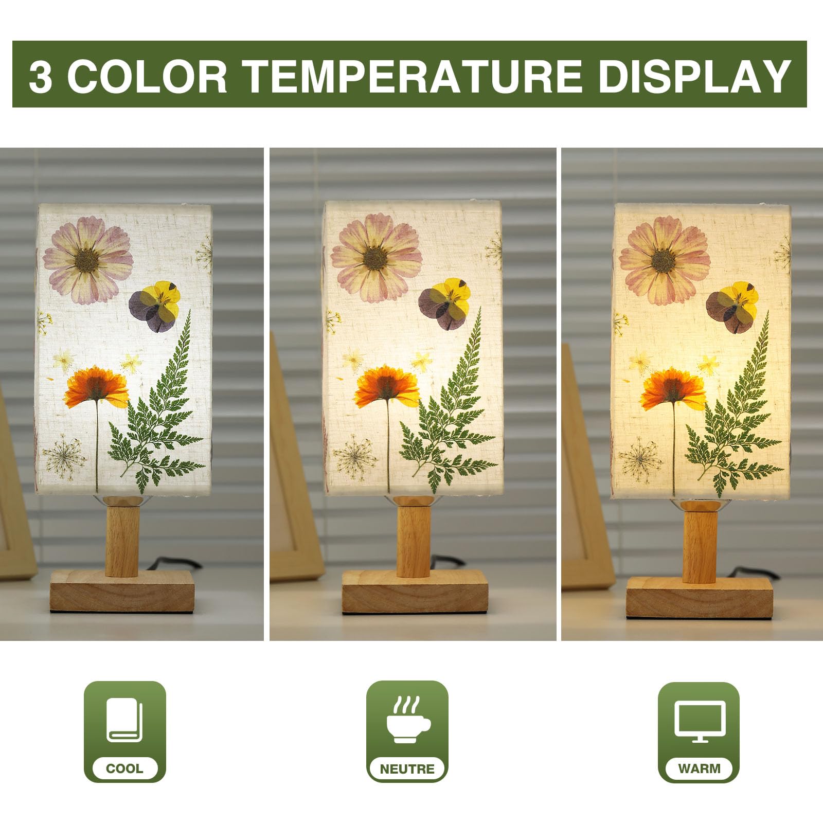 Floresita Dried Flowers Table Lamp 5W Led Pressed Flower Bedside Lamp Square Linen Shade 3Color Temperatures Table Lamp With Woo