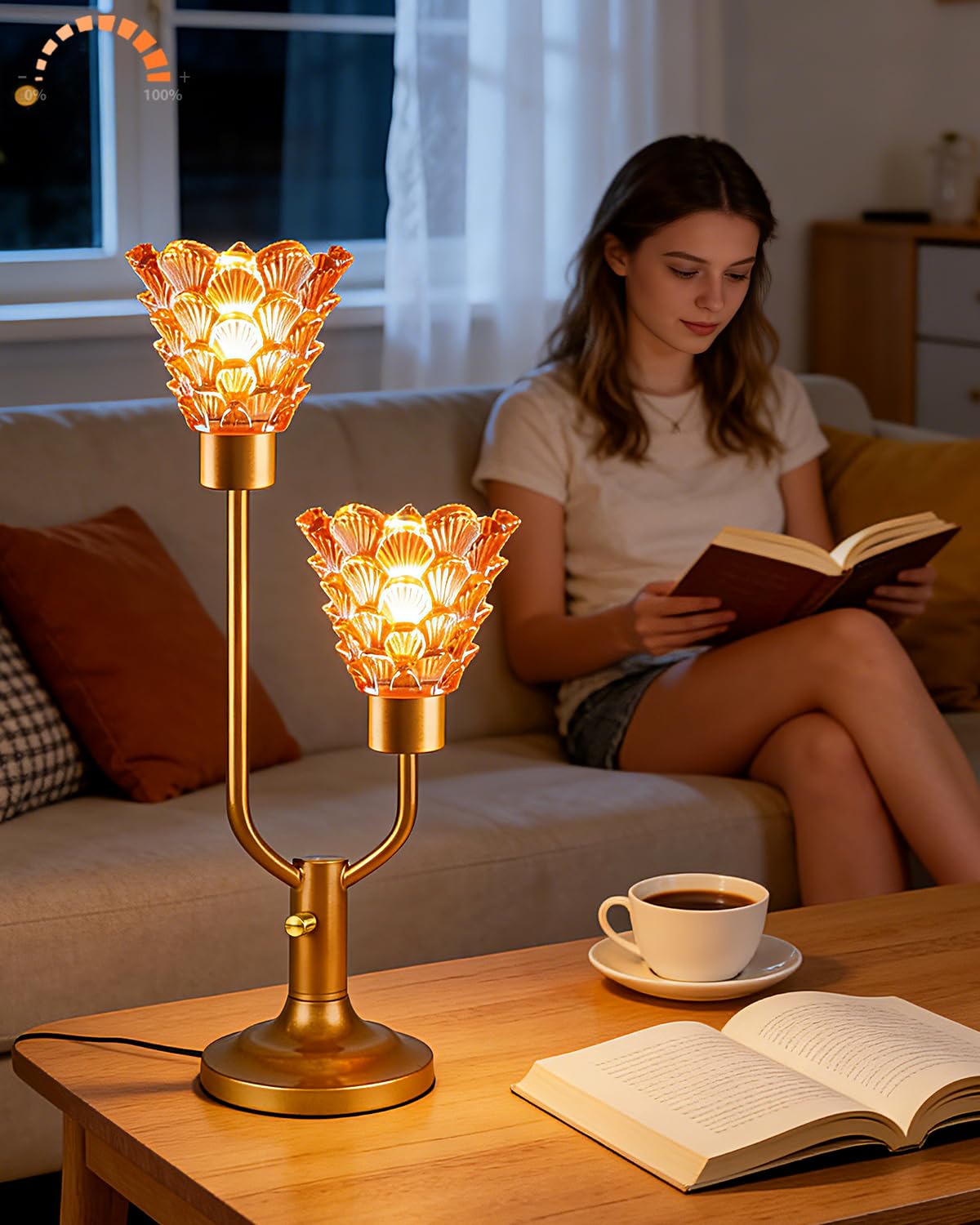 Lightdot Flower Glass Table Lamp Dimmable 2-Light Mid Century Modern Gold Desk Lamp with Brown Glass Shade& Bulb Included 3000K Warmwhite Nightstand Lamp for Bedroom Bedside Living Room