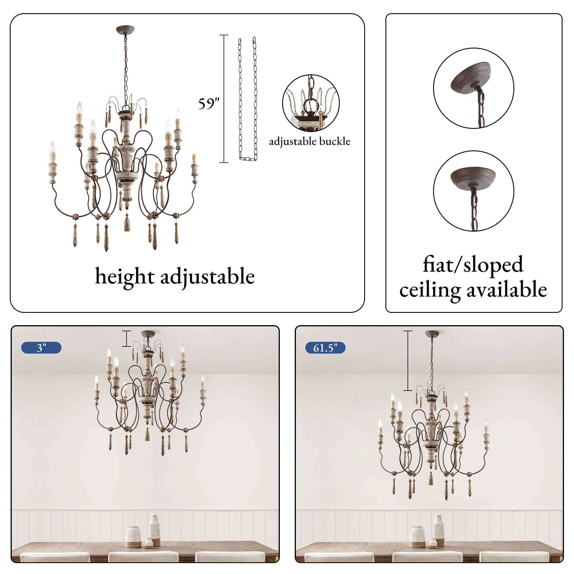 Gepow 39'' Large Farmhouse French Country Chandelier, 9-Light Rustic Distressed Wood Candlestick Chandeliers Hanging Light Fixtu