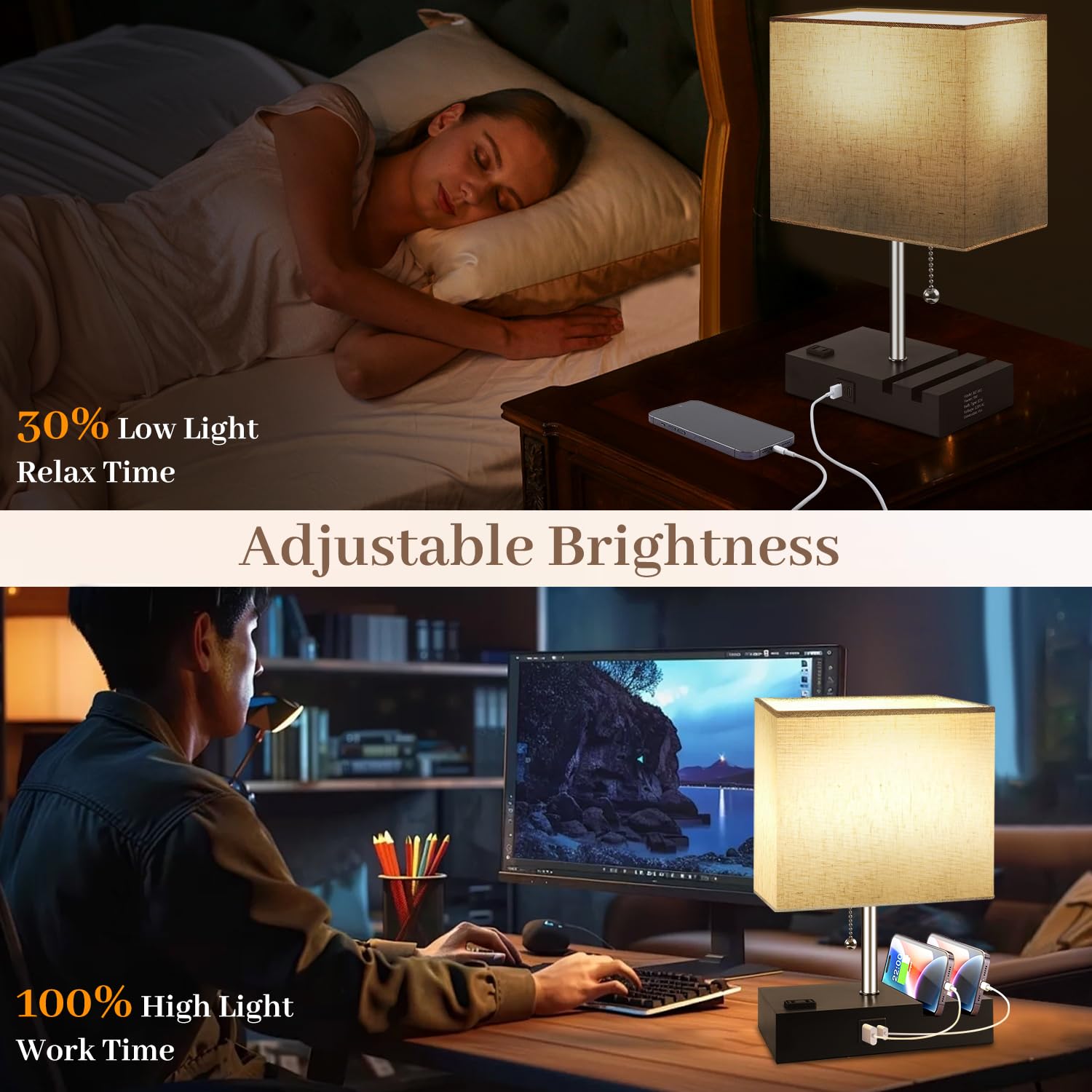 Smart Rgb Dimmable Table Lamp Compatible With Alexa&App&Remote Control, Bedside Desk Lamp With Charging Ports&Outlet&Phone Stand