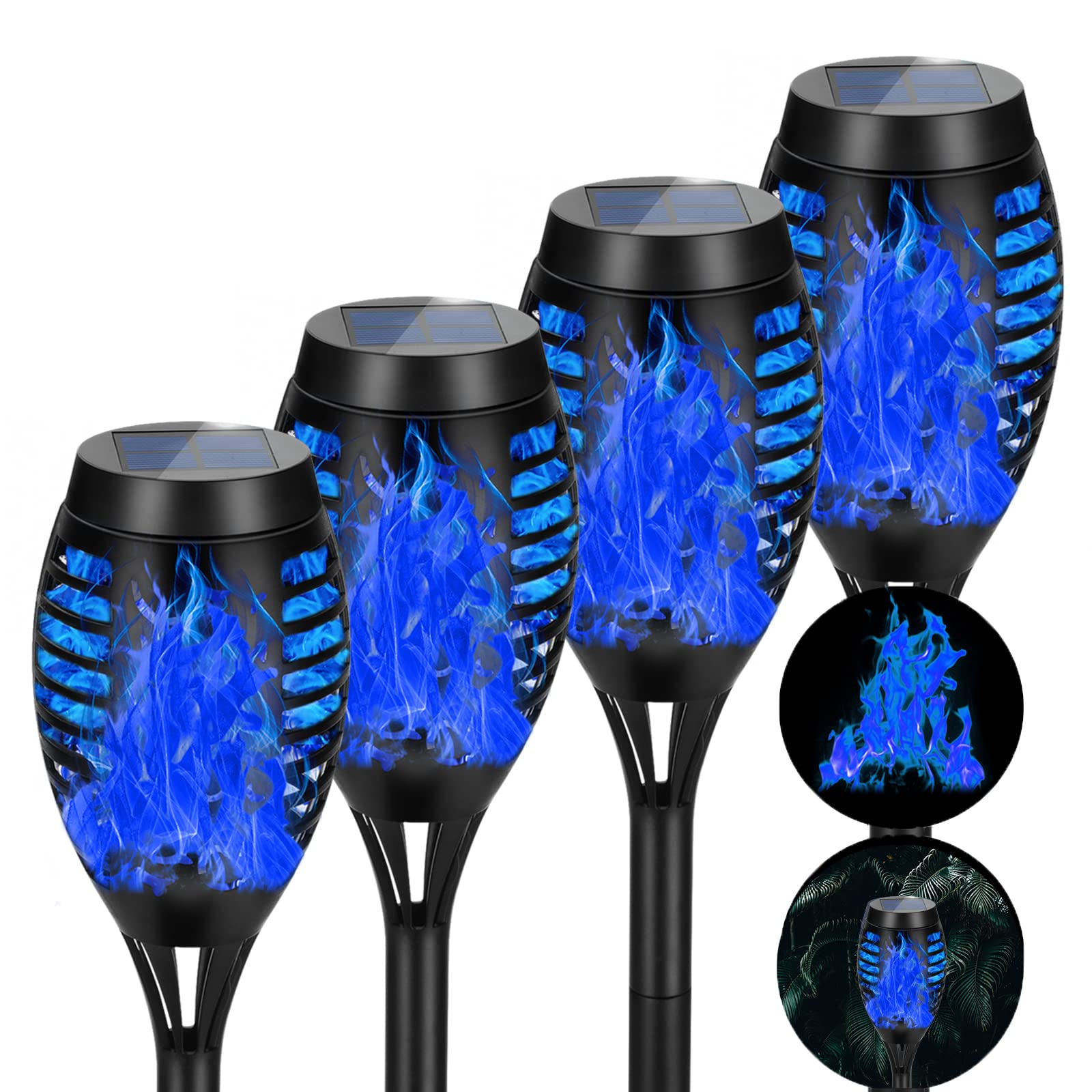 Aounq Solar Lights Outdoor Waterproof, 4 Pack Blue Solar Torch Lights Outdoor With Flickering Flame, Outdoor Solar Lights For Ya