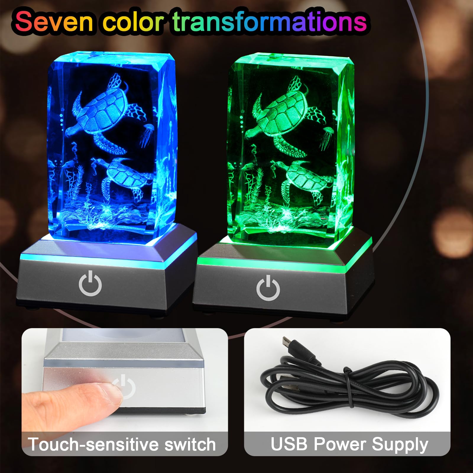 Eicxjui 3D Crystal Night Light With Multicolor Led Base Glass Laser Engraved Sea Turtle Figurines Lamp Gifts For Boys Girls Love