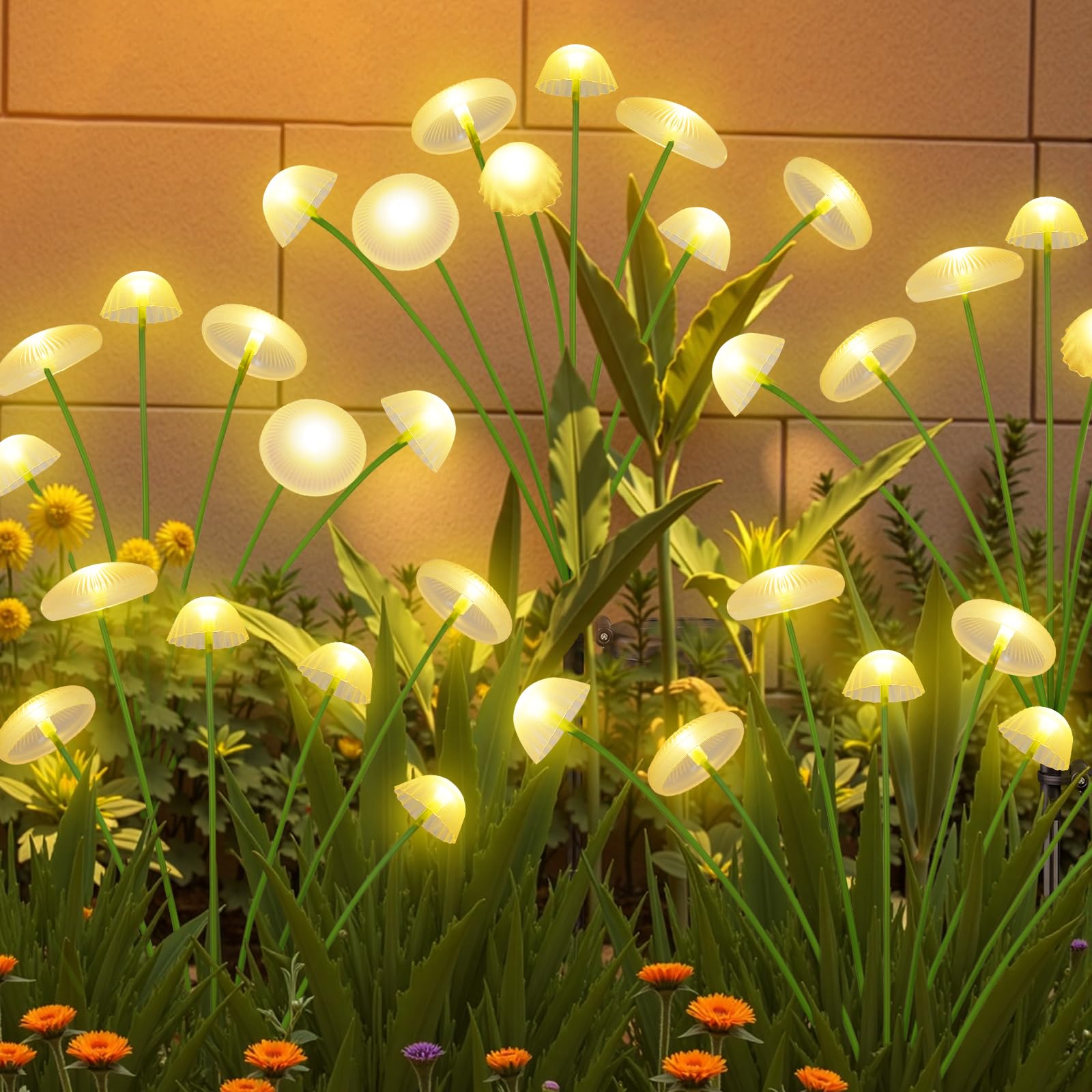KAQ 4PK 32LED Solar Garden Lights Outdoor Waterproof | Solar Mushroom Lights for Outside Sway by Wind Firefly Fairy Light for Patio Pathway Garden Bush Yard Decorations (Warm White)