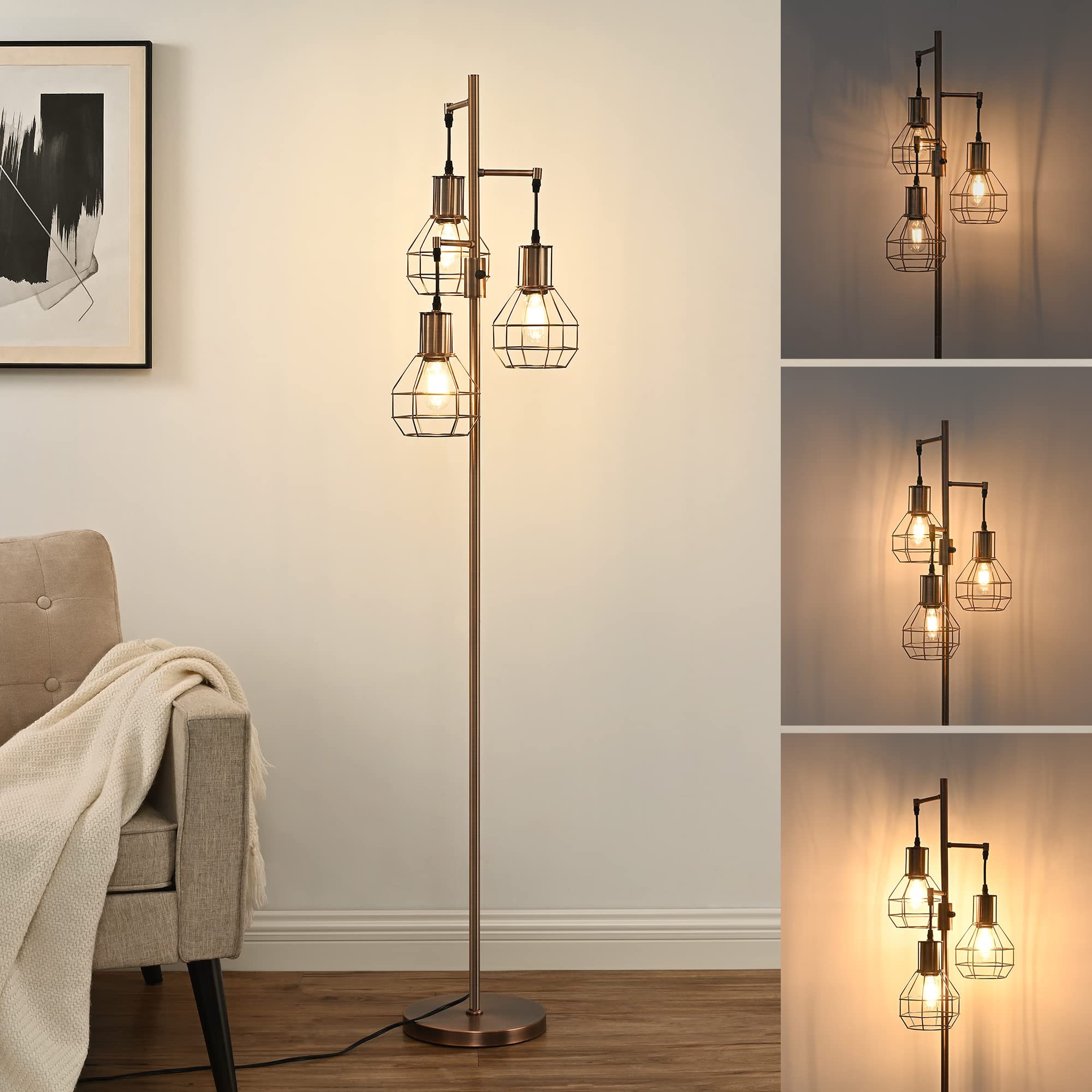 Edishine Dimmable Industrial Floor Lamp, Rustic 65In Metal Standing Light, Brown, Includes 3 Led Edison Bulbs, Perfect For Living Room/Bedroom