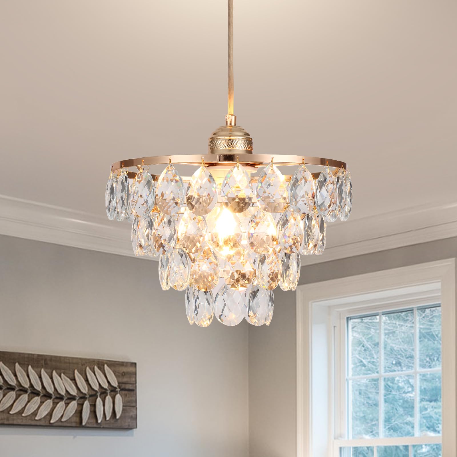 Luupyia Rose Gold Crystal Pendant Light Mini Crystal Chandelier, 47.24 Inch Height Adjustable, Modern Chandelier Unique Hanging 