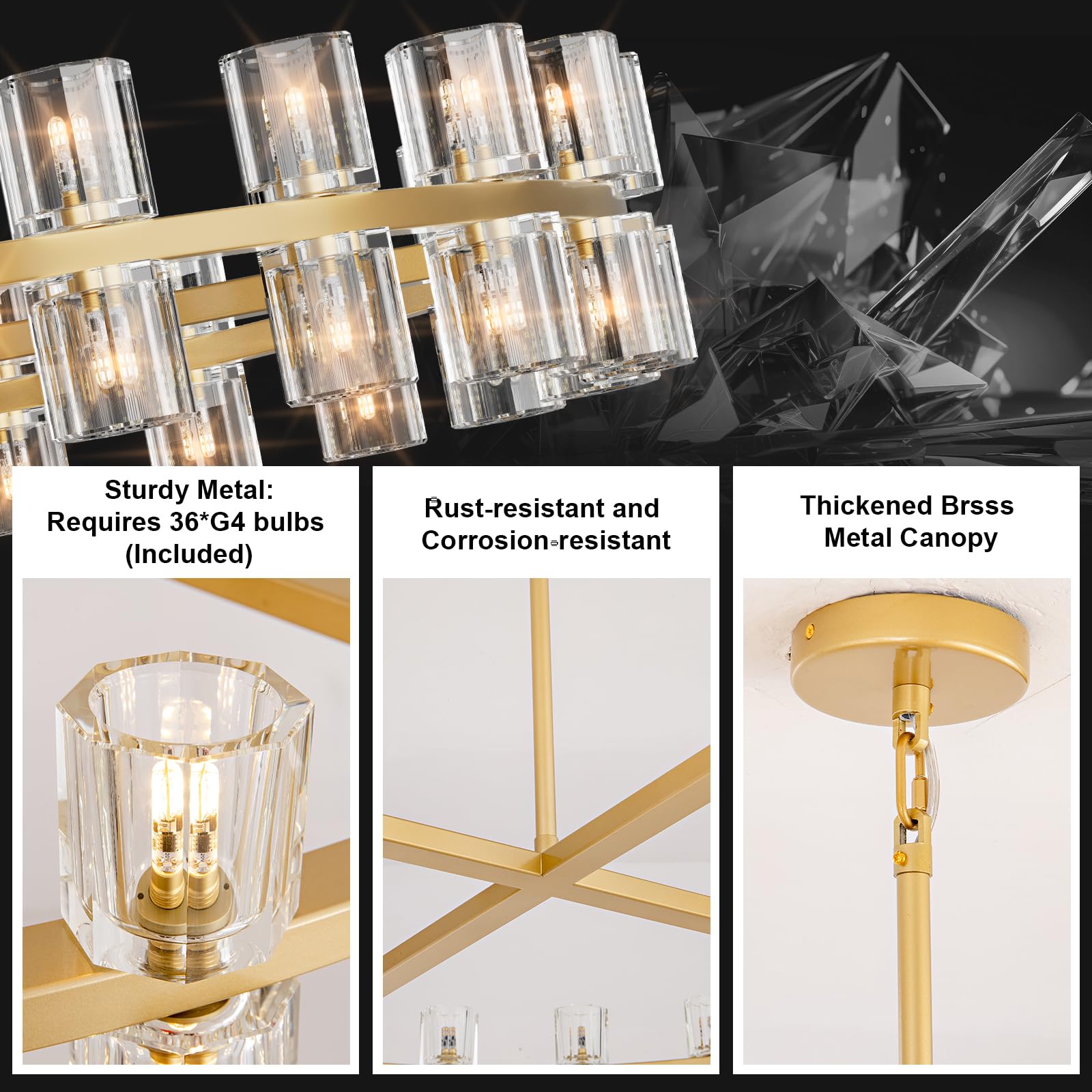 Plsintly Modern 36'' Gold Round Chandelier Light Fixture, K9 Crystal Chandeliers For Dining Room, Living Room, Dining Room Chand