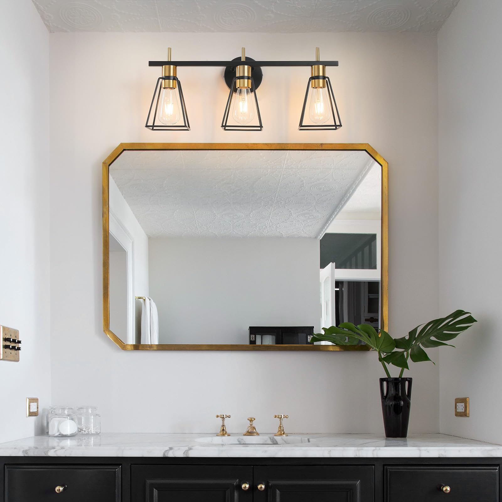 HAHZT 3-Light Industrial Bathroom Vanity Lights, Black & Gold Metal Cage Wall Sconce, Rustic Farmhouse Fixture for Bedroom & Living Room