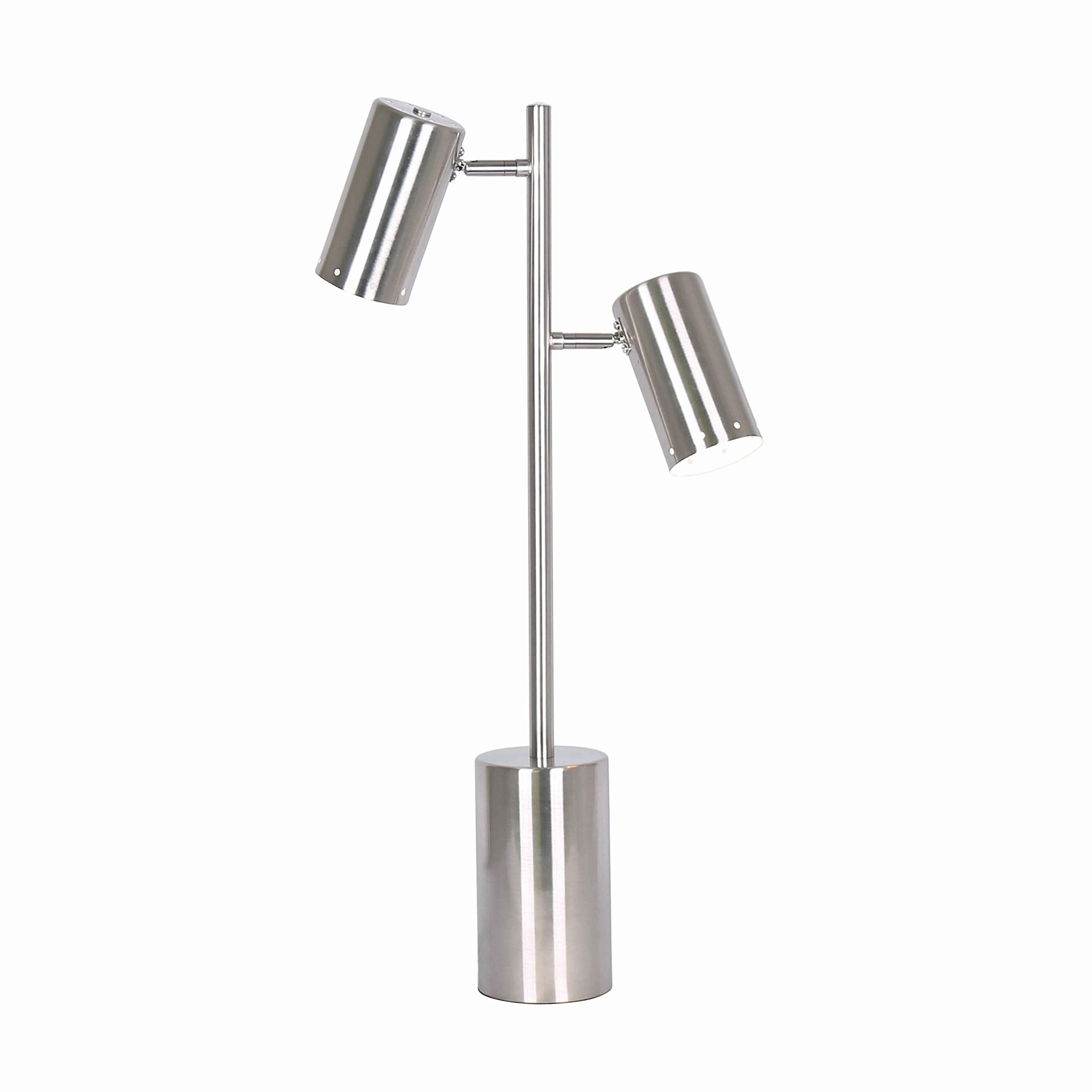 Benjara 26 Inches Dual Light Metal Frame Table Lamp With Cylindrical Shade, Silver