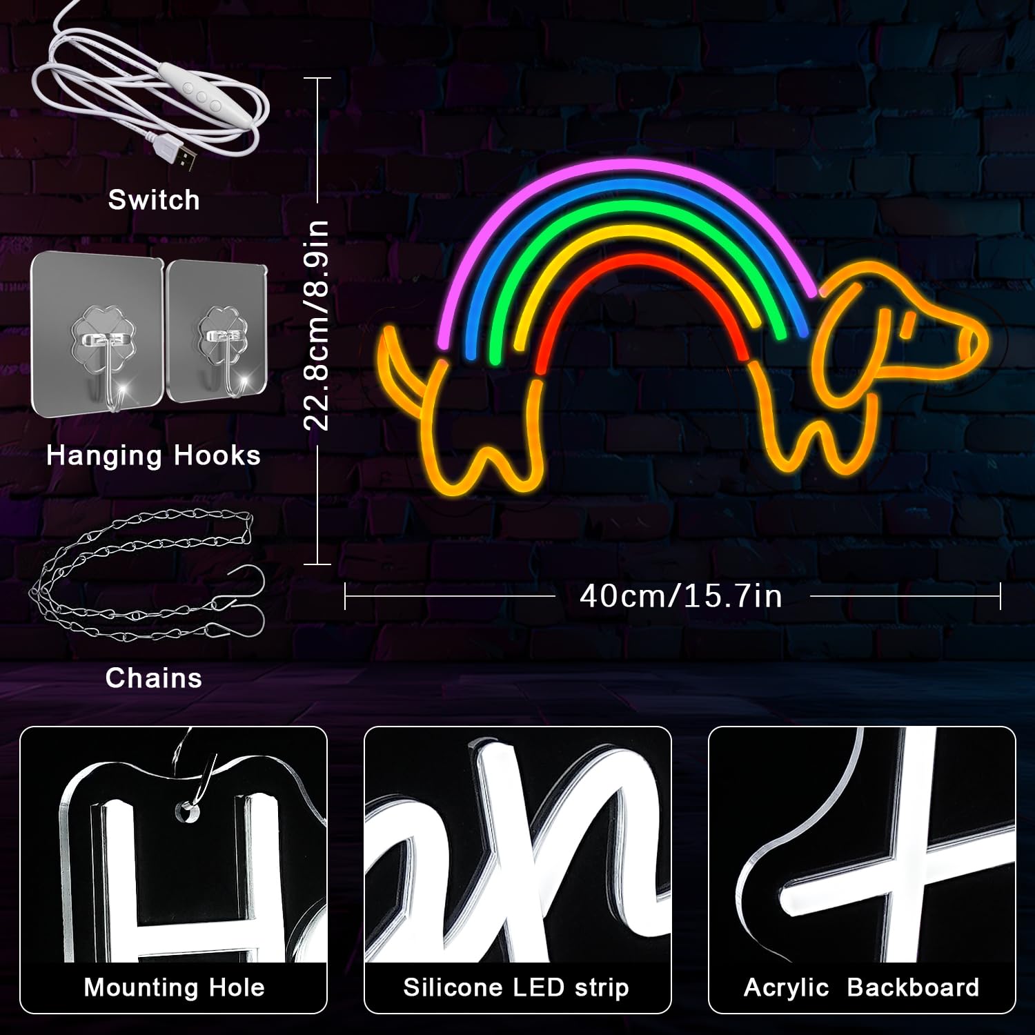 Gyaksjm Rainbow Dachshund Neon Sign - Dimmable Wall Decor - Large Multicolor Acrylic Light for Dog Lovers & Kid Rooms