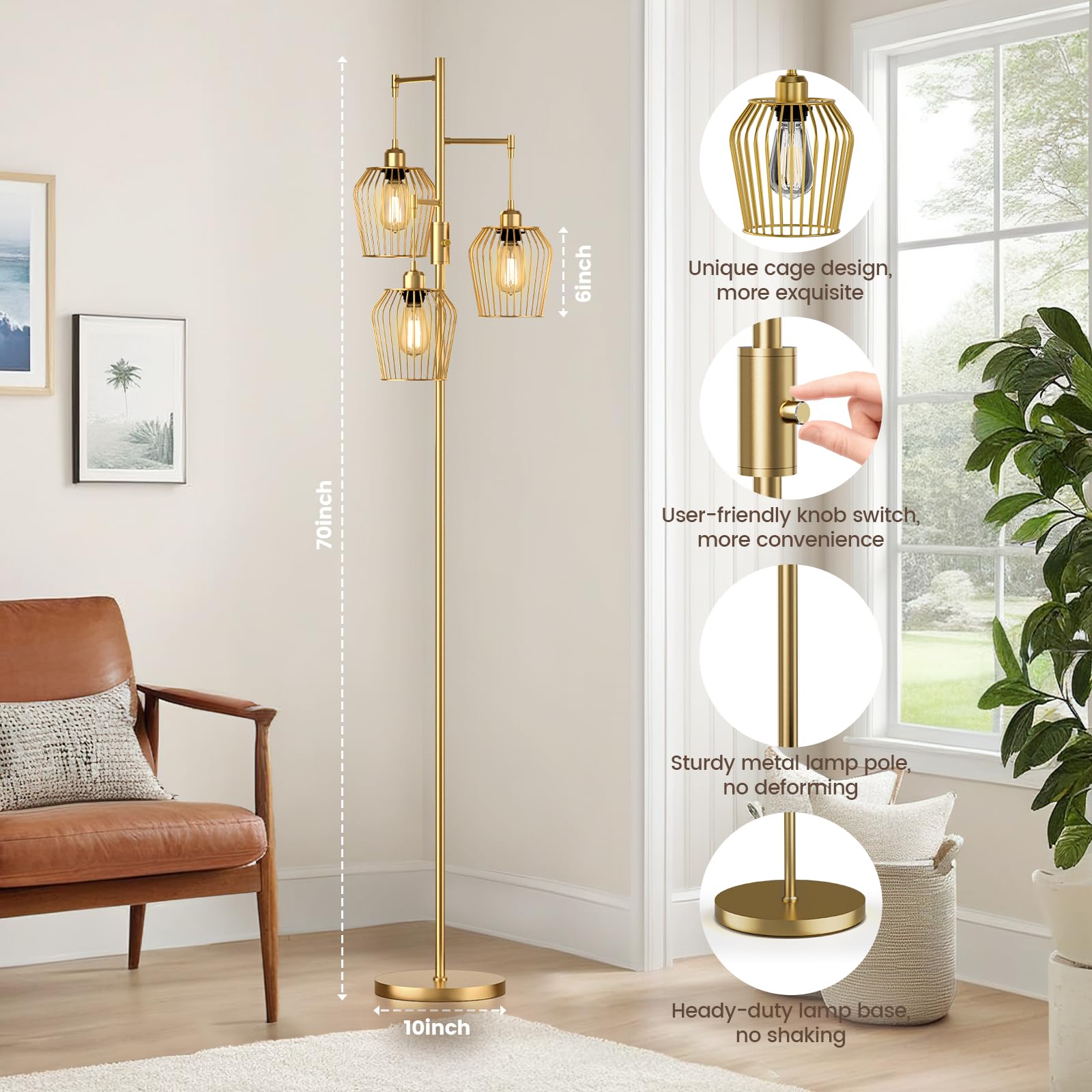 SIBRILLE Dimmable Floor Lamp, Industrial Style with Cage, 3 x 1000LM LED Bulbs, Black, Model BP-F033