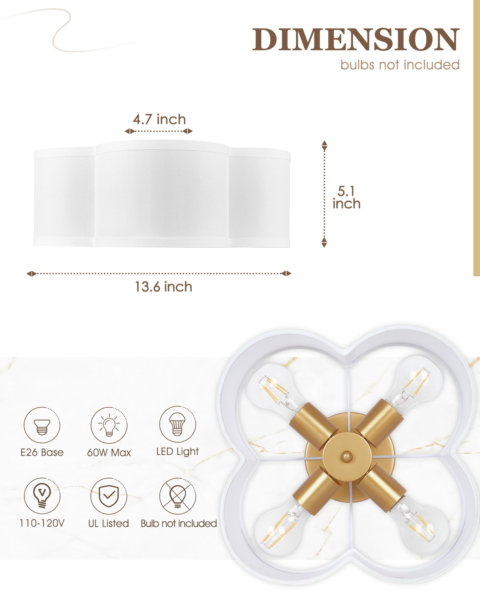 Audickic Gold Flush Mount Ceiling Light, 4-Light 14Inch Light Fixtures Ceiling Mount With Fabric Shade In Quatrefoil Shape, Bras