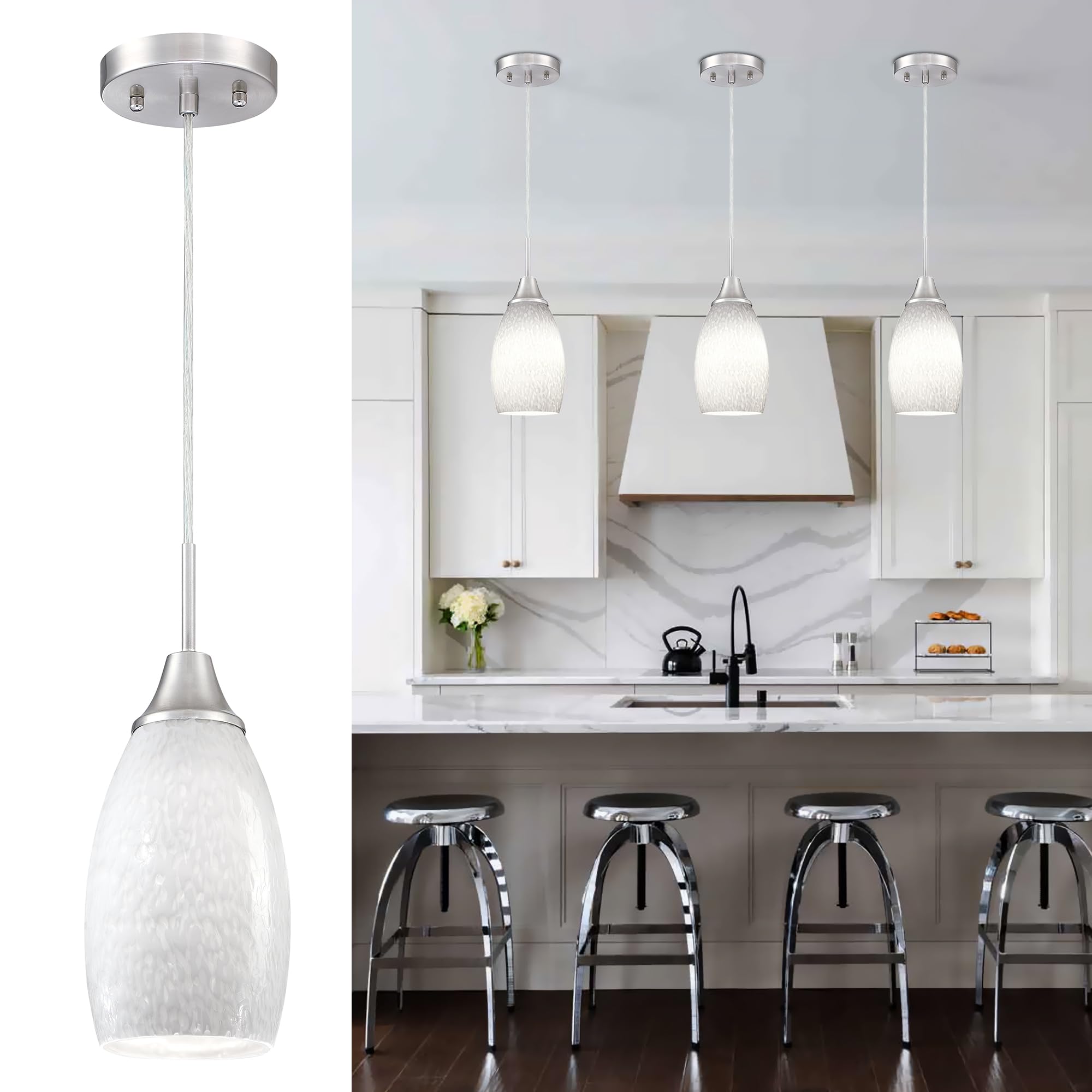 Viinew Mini Glass Pendant Lights 1-Pack Kitchen Island Handblown Milky White Art Glass Lamp Shade with Adjustable Cord Hanging P