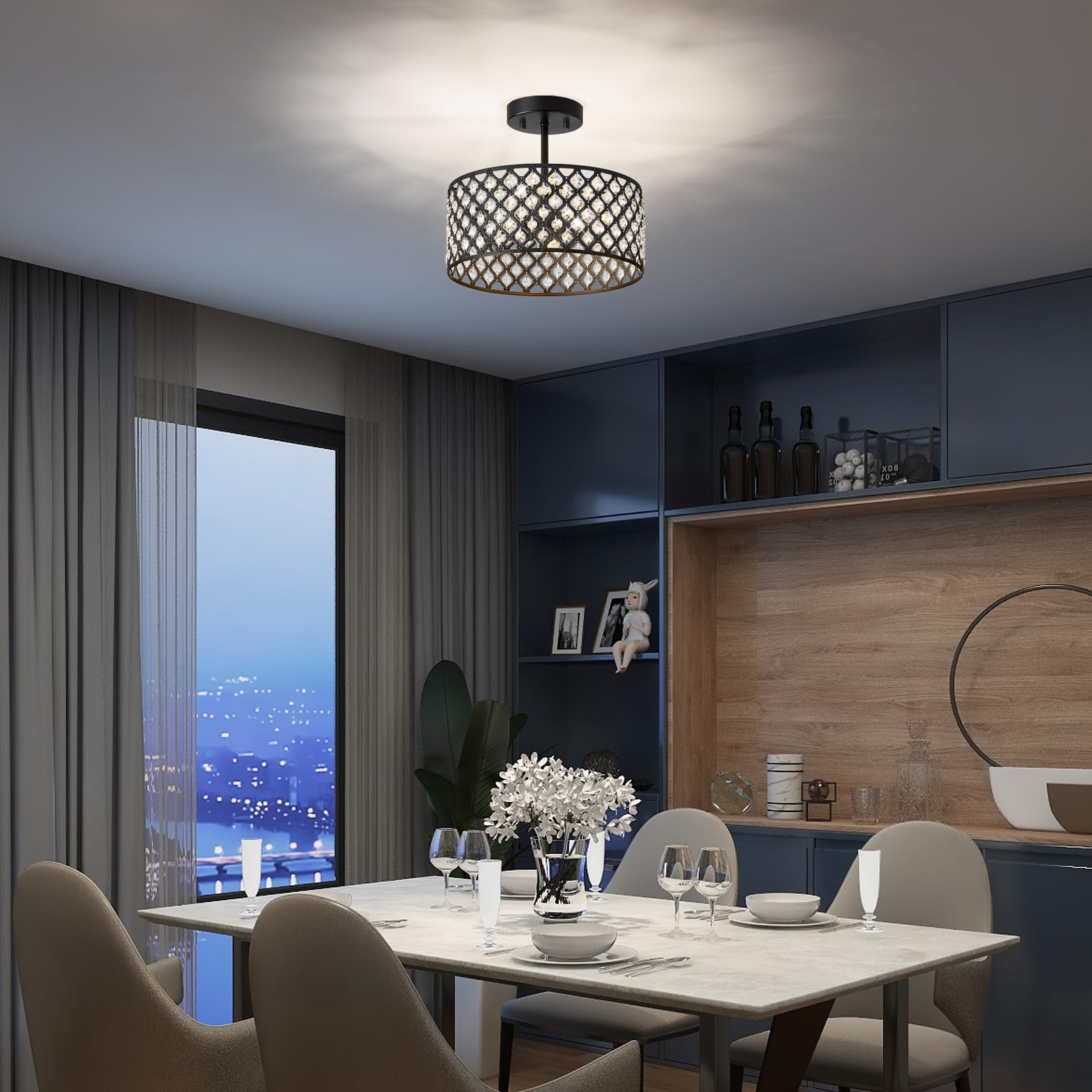 BZVESR Black Crystal Ceiling Light Fixture, Modern Semi Flush Mount, 3 Light, 12 inch, for Dining Room, Hallway, Kitchen, Bedroom