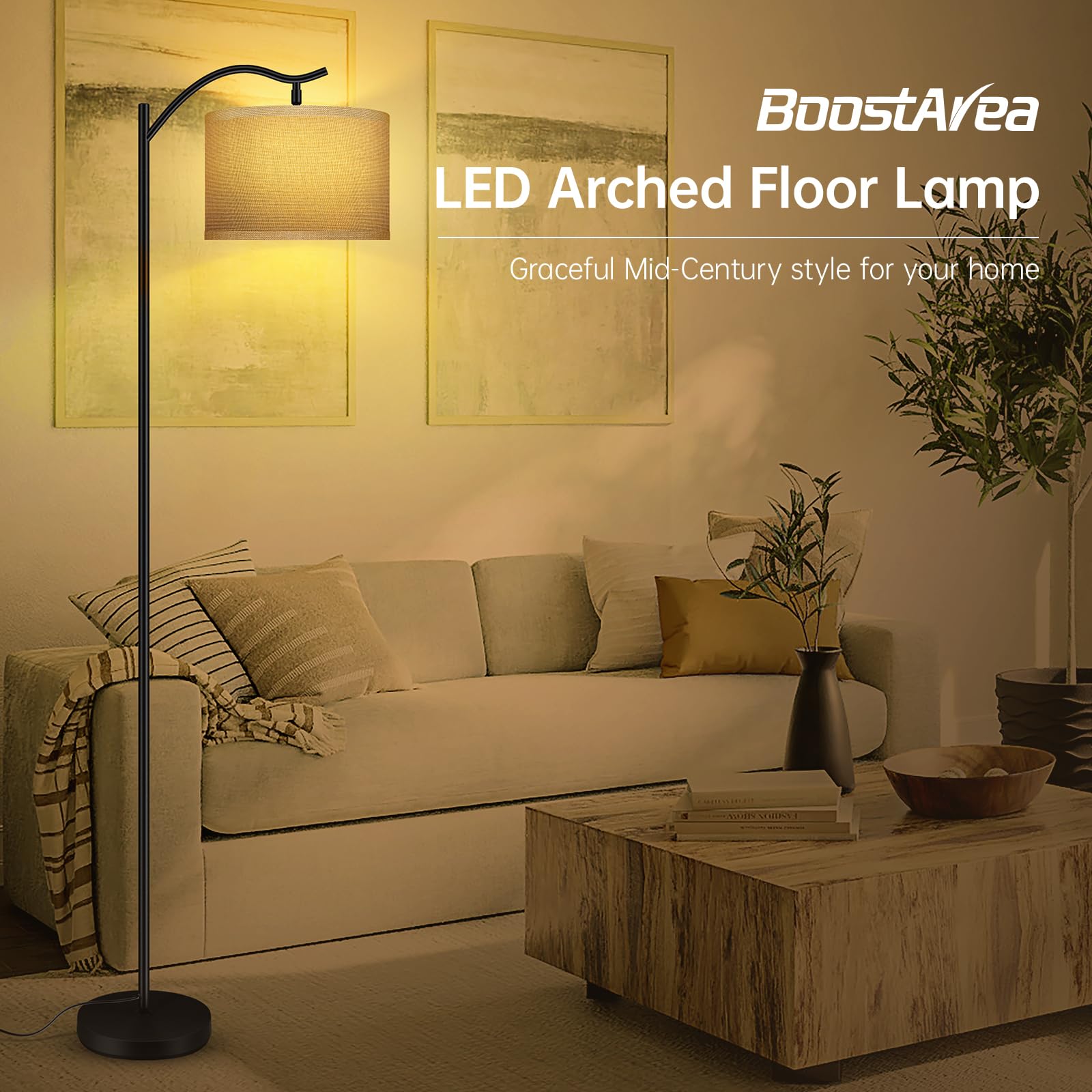 Boostarea Floor Lamp For Living Room,Led Arched Floor Lamp,Tall Modern Standing Lamp With Fabric Linen Shade,E26 Socket,Footswit