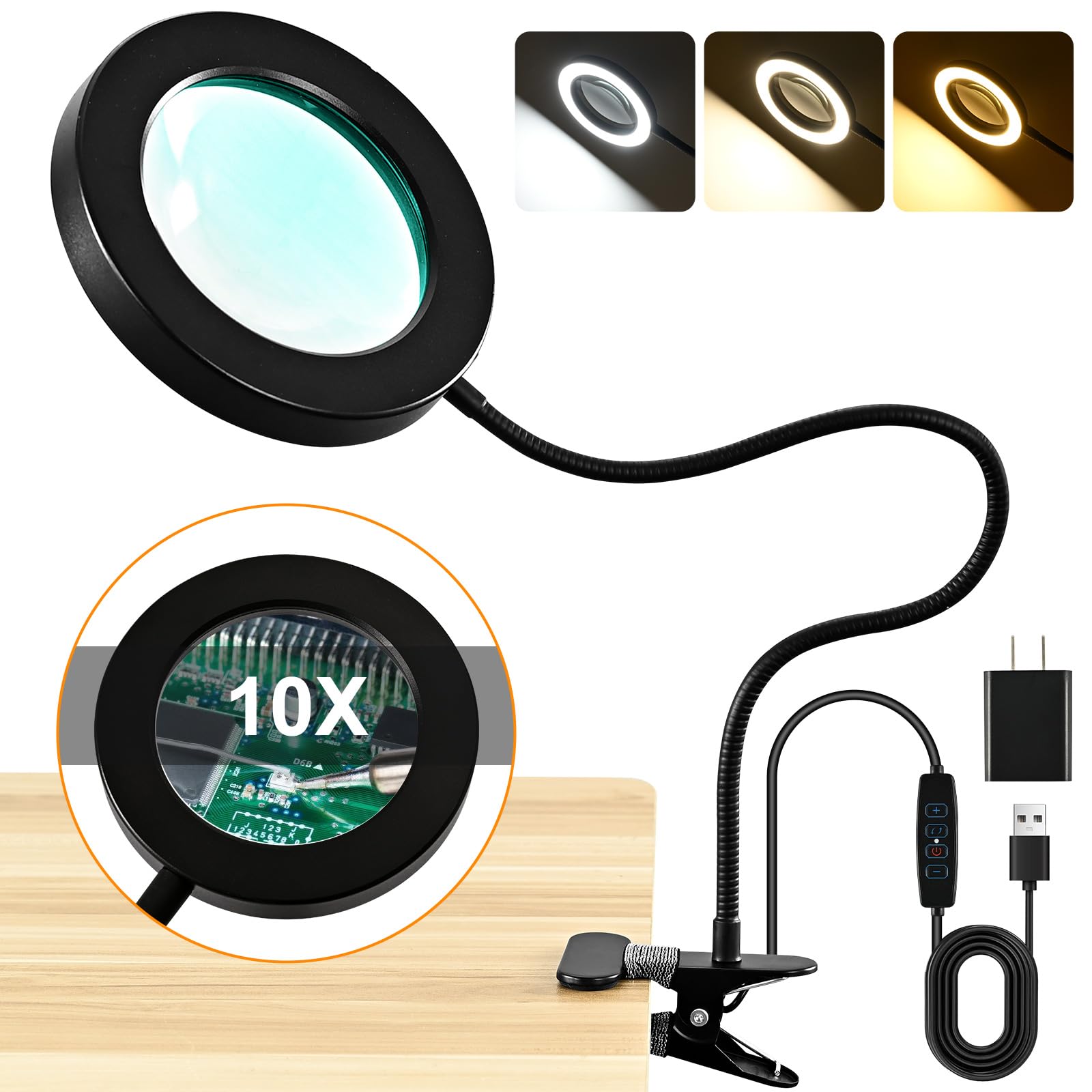 Macasa 10X Magnifying Glass With Light And Timer, 2 In 1 Magnifying Desk Lamp, 3 Color Modes 10 Dimmable Brightness, Flexible Go