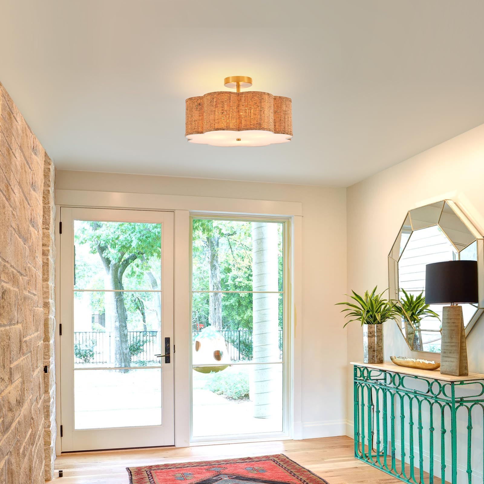 Widluth Modern Semi Flush Mount Ceiling Light Modern Gold Drum Ceiling Lighting Fixture Vintage Linen Golden Ceiling Lamp For La