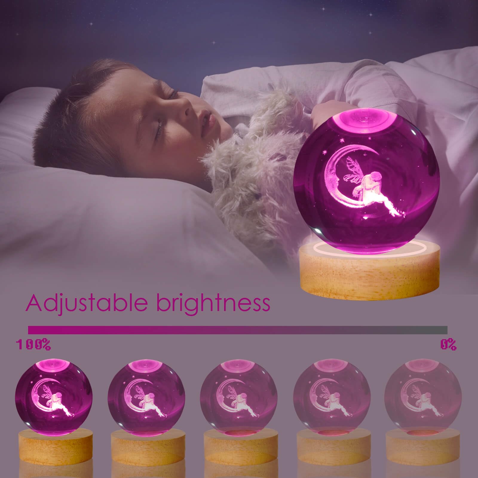 LINSINA 3D Moon Lamp, 3.15in Crystal Ball Night Light, 16 Colors with Wooden Base & Remote Control, Moon-elf Variant
