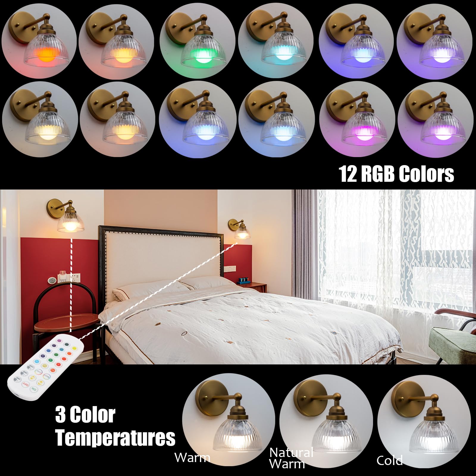 Phansthy Rechargeable Wall Sconce with Remote Control, Vintage Dimmable Indoor Light, Antique Finish, Model FZUS334-D