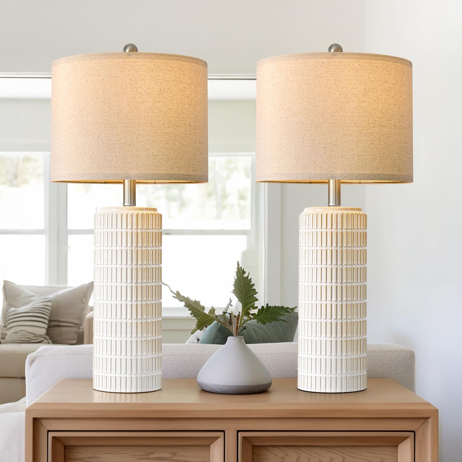 PoKat Ceramic Tall Table Lamps Set of 2, 27.5'' Beige and White Bedside Lighting for Living Room and Bedroom