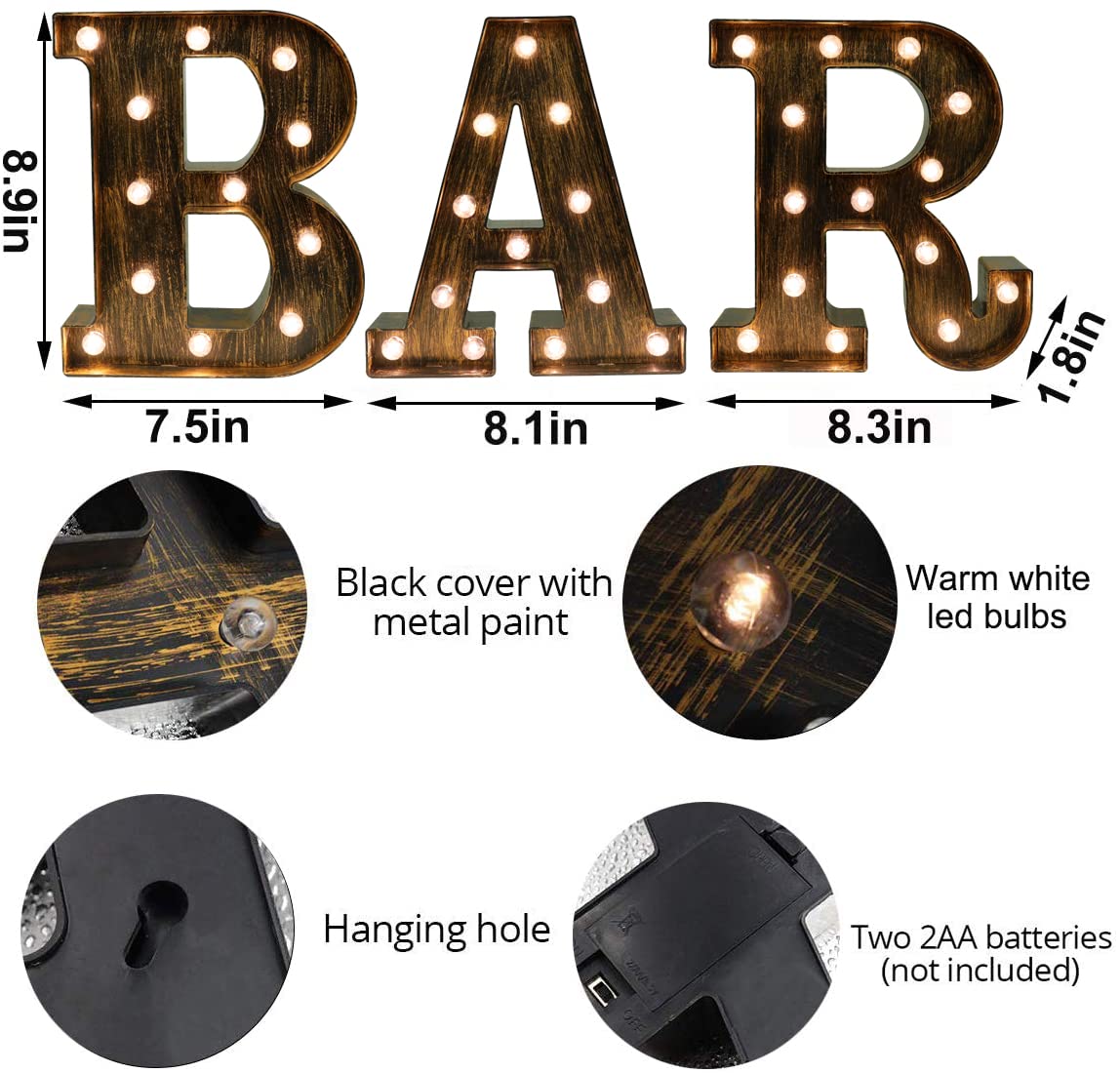 OYCBUZO LED Vintage Light Up BAR Sign - Battery Operated, Illuminated Marquee Letters - Golden Black, Model MHH077